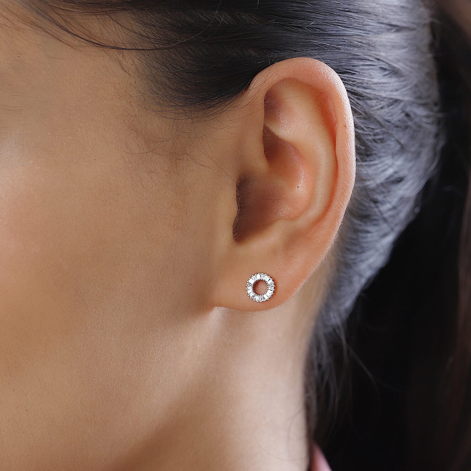 D'Joy Natural White Diamond Circle Stud Push Back Earrings in Platinum Overlay Sterling Silver 0.19 Ct.