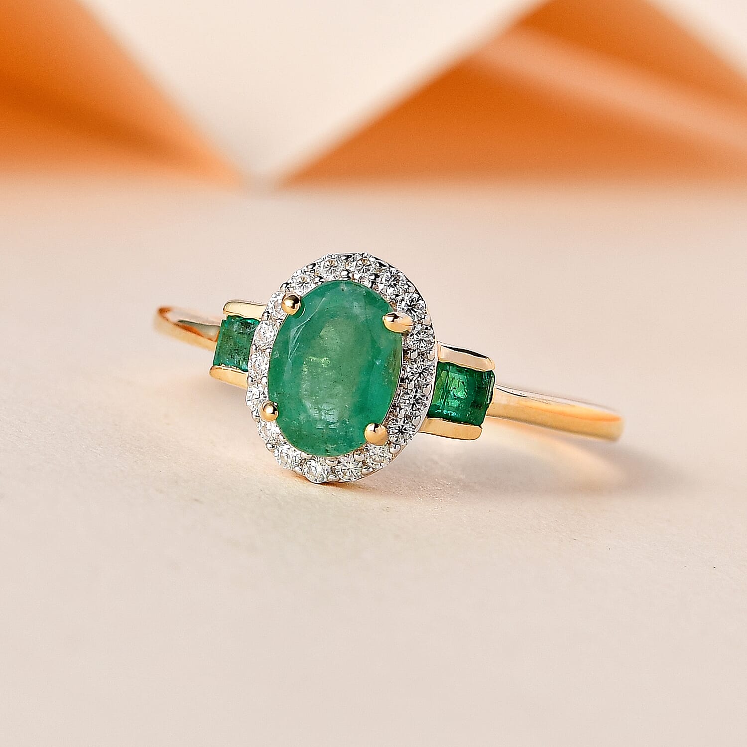 9K Yellow Gold Zambian Emerald and Moissanite Ring