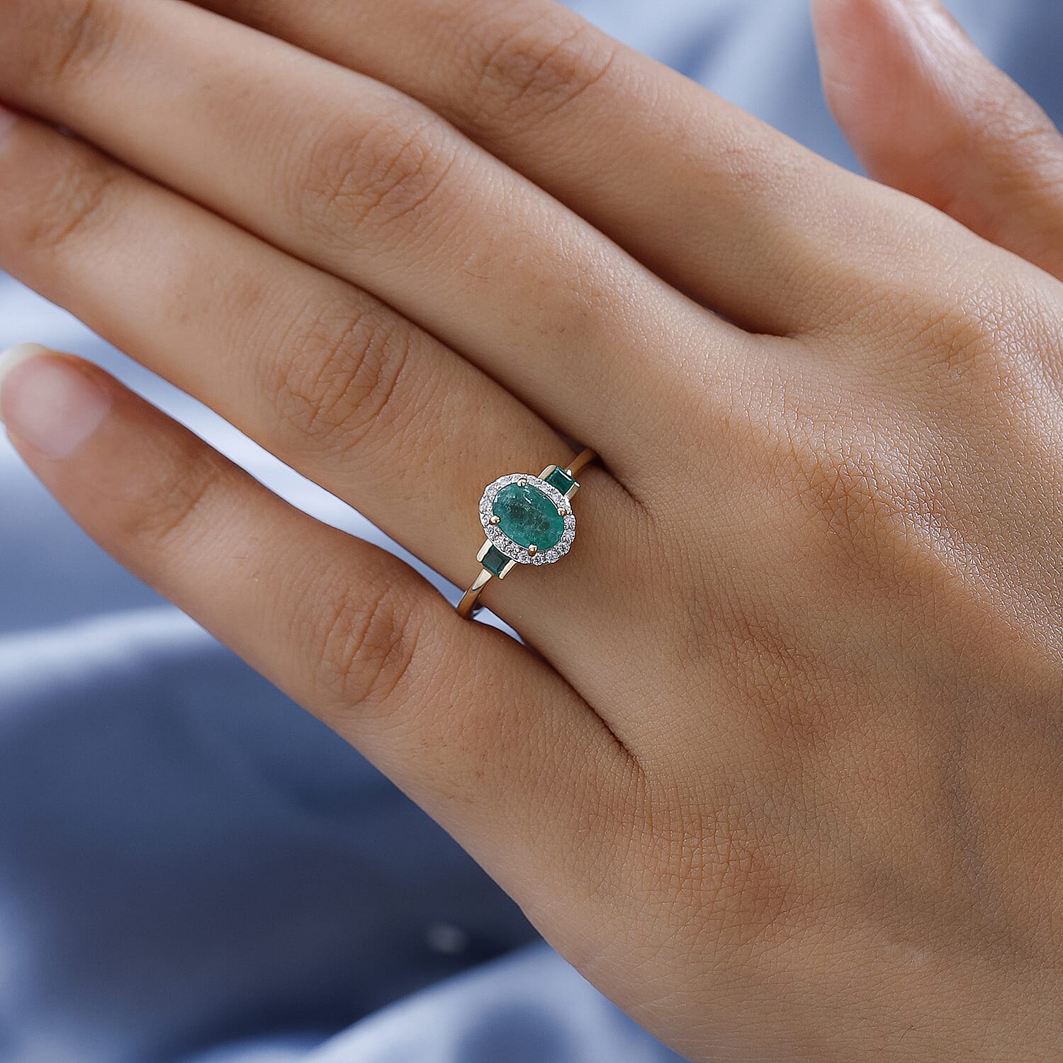 9K Yellow Gold Zambian Emerald and Moissanite Ring