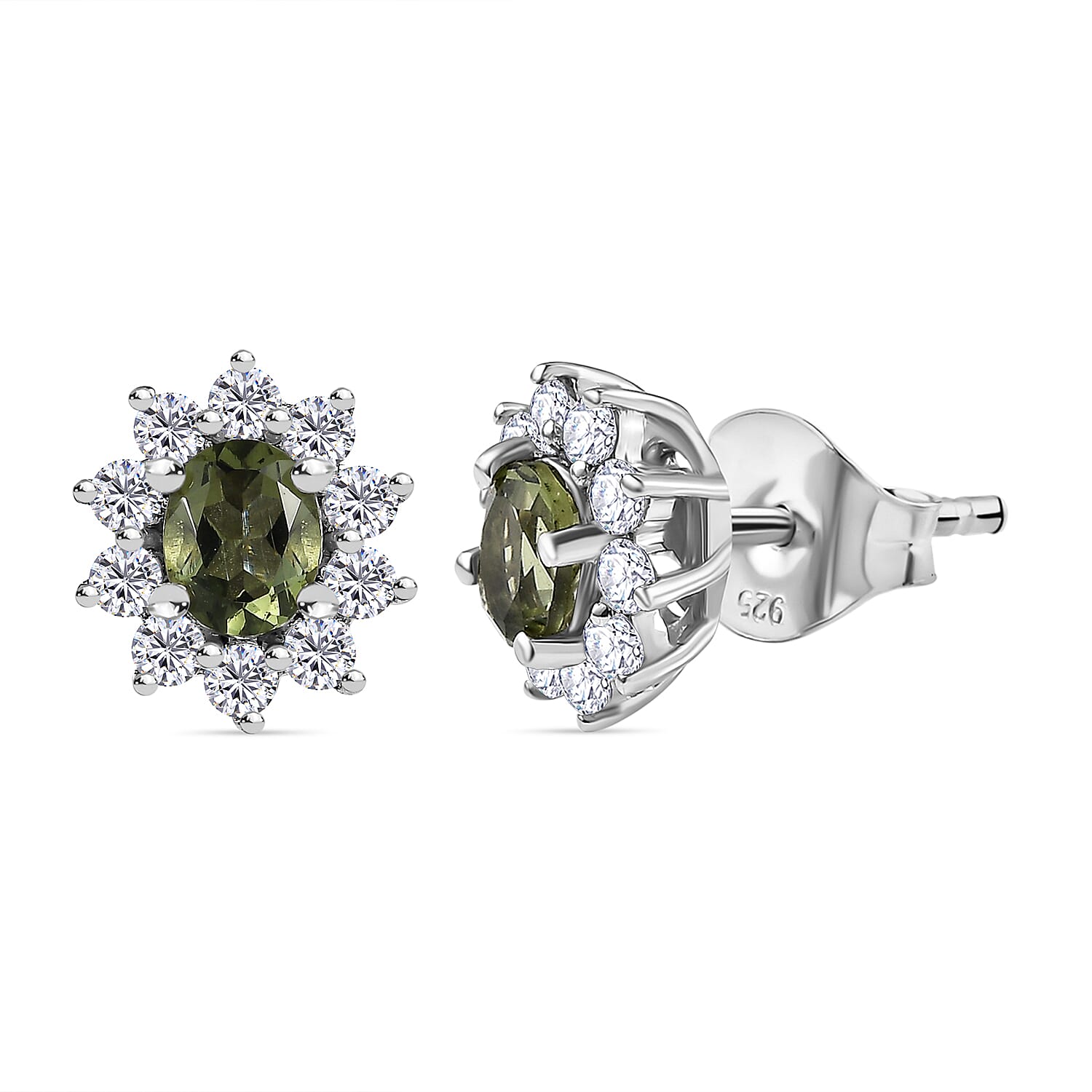 Moldavite & Natural Zircon Stud Earrings in Platinum Overlay Sterling Silver 1.16 Ct.
