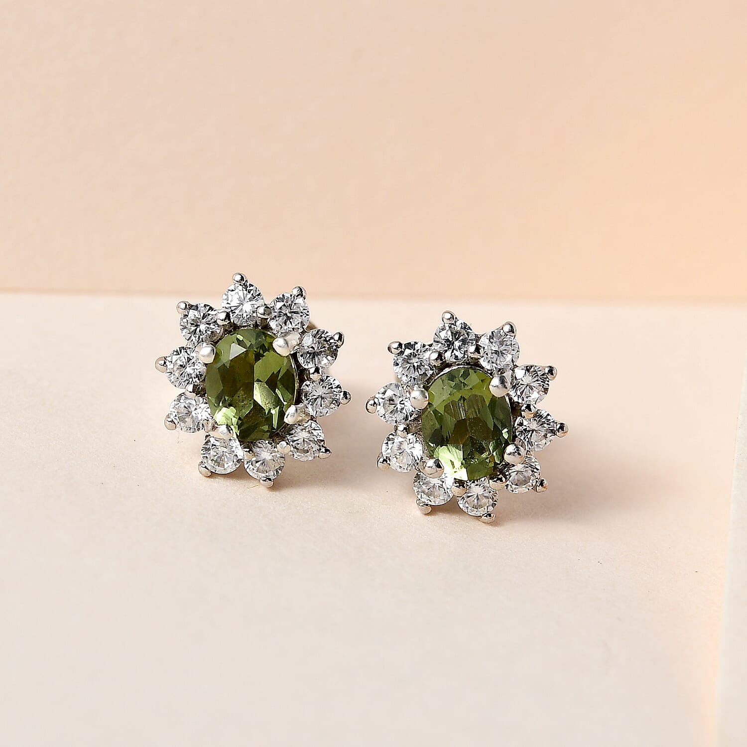 Moldavite & Natural Zircon Stud Earrings in Platinum Overlay Sterling Silver 1.16 Ct.