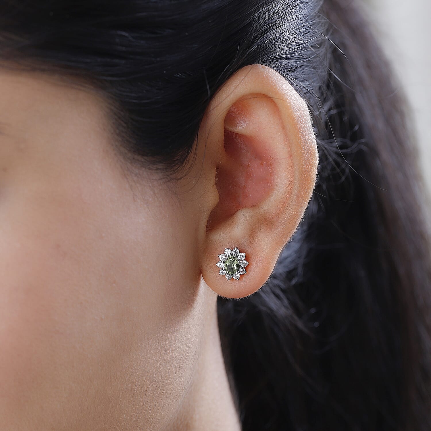 Moldavite & Natural Zircon Stud Earrings in Platinum Overlay Sterling Silver 1.16 Ct.