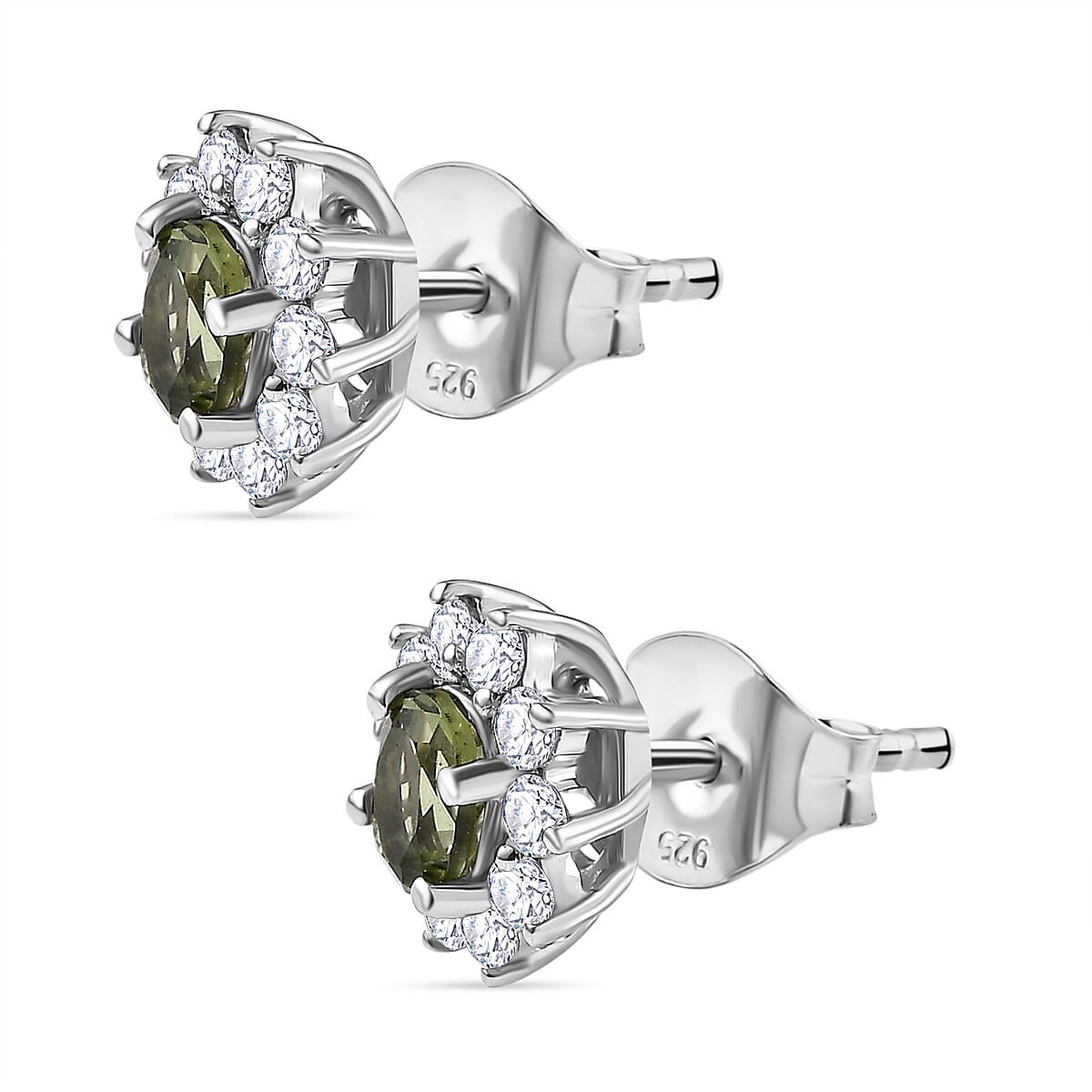 Moldavite & Natural Zircon Stud Earrings in Platinum Overlay Sterling Silver 1.16 Ct.