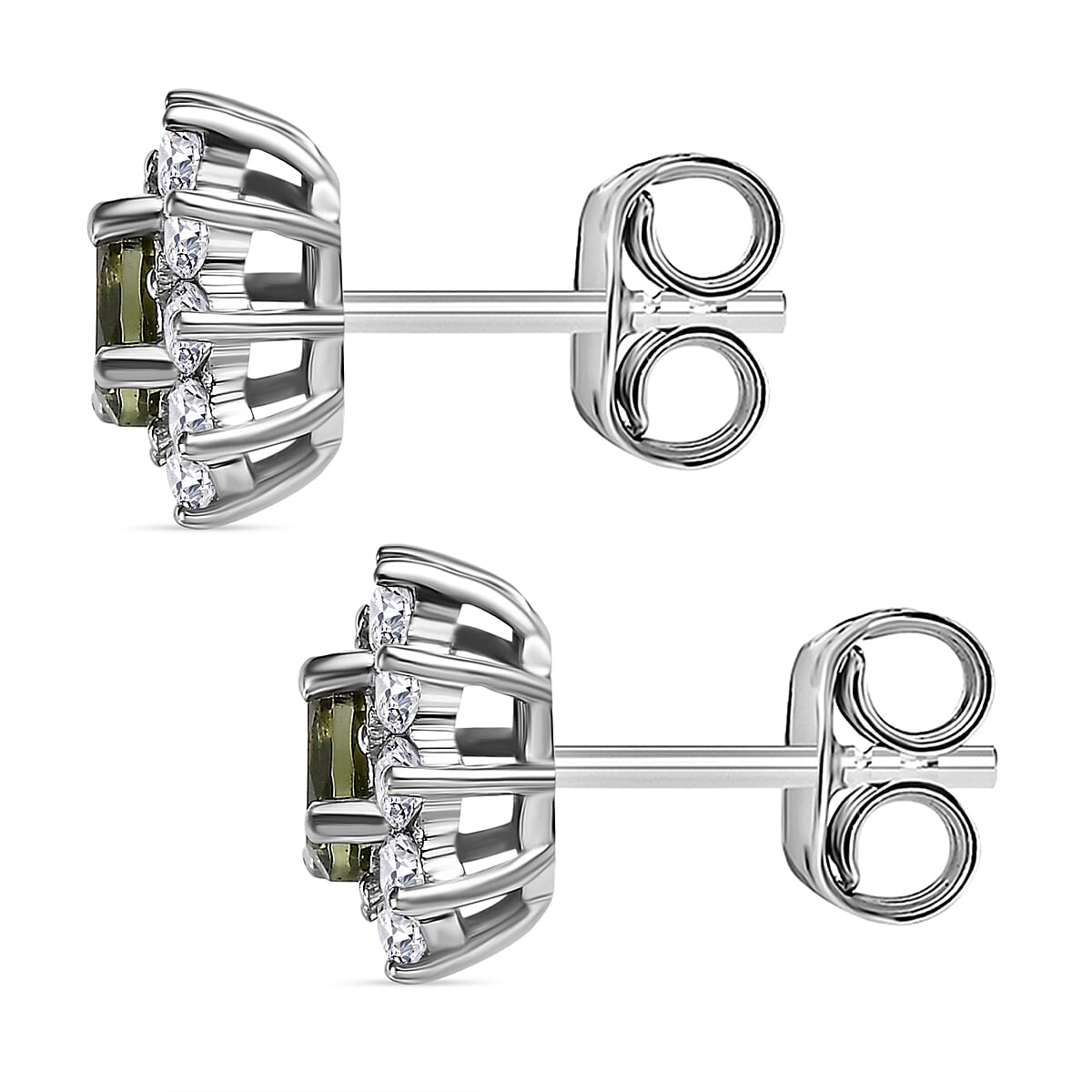 Moldavite & Natural Zircon Stud Earrings in Platinum Overlay Sterling Silver 1.16 Ct.