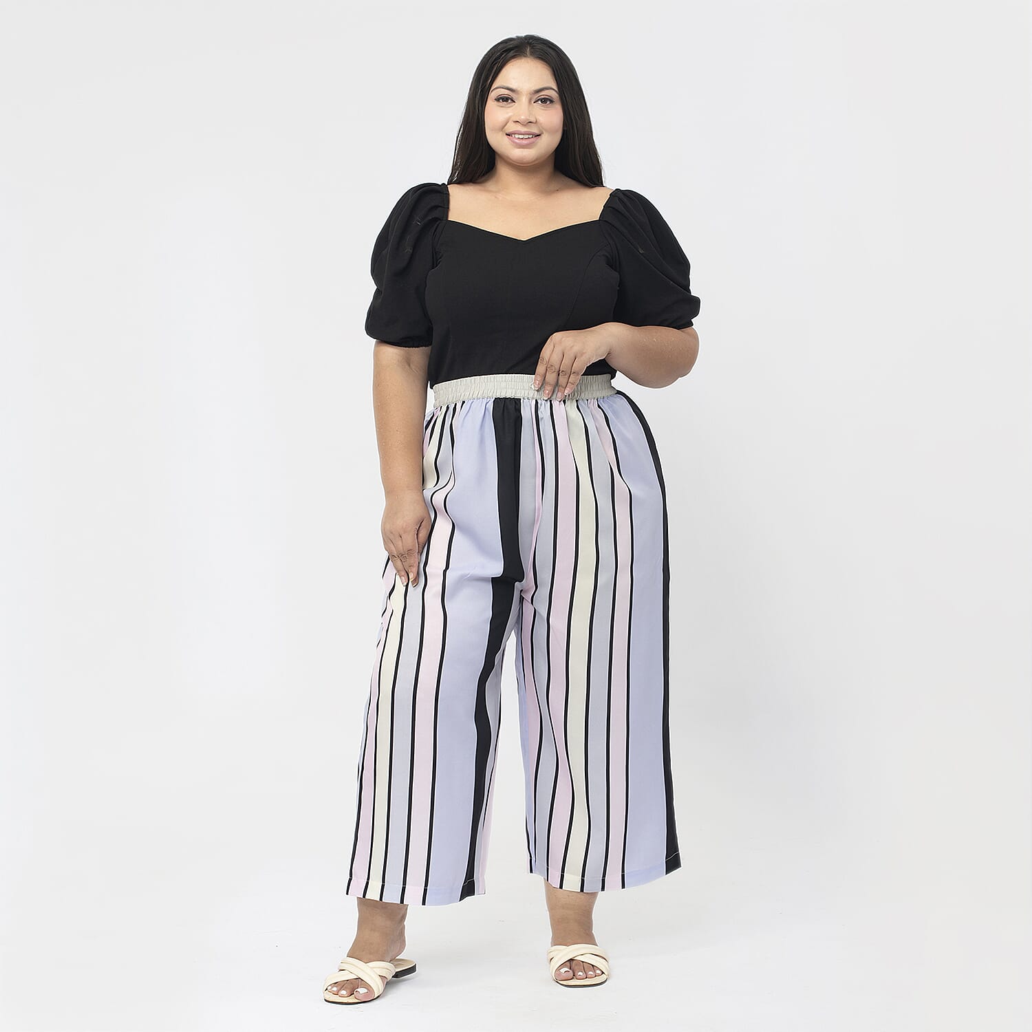 TAMSY Stripe Pattern Wide Leg Trousers (Size S, 8 to 10) - Pink & White