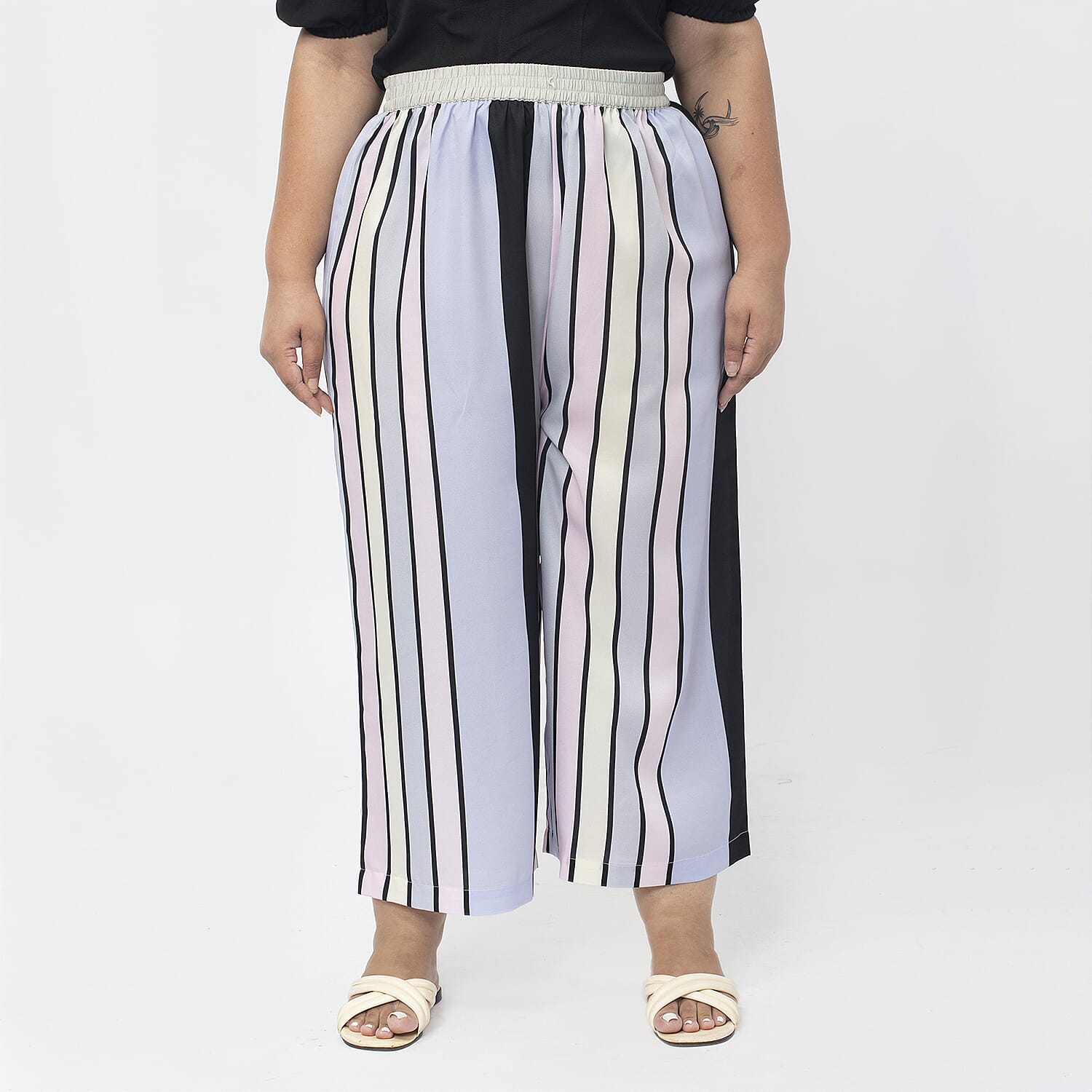 TAMSY Stripe Pattern Wide Leg Trousers (Size S, 8 to 10) - Pink & White