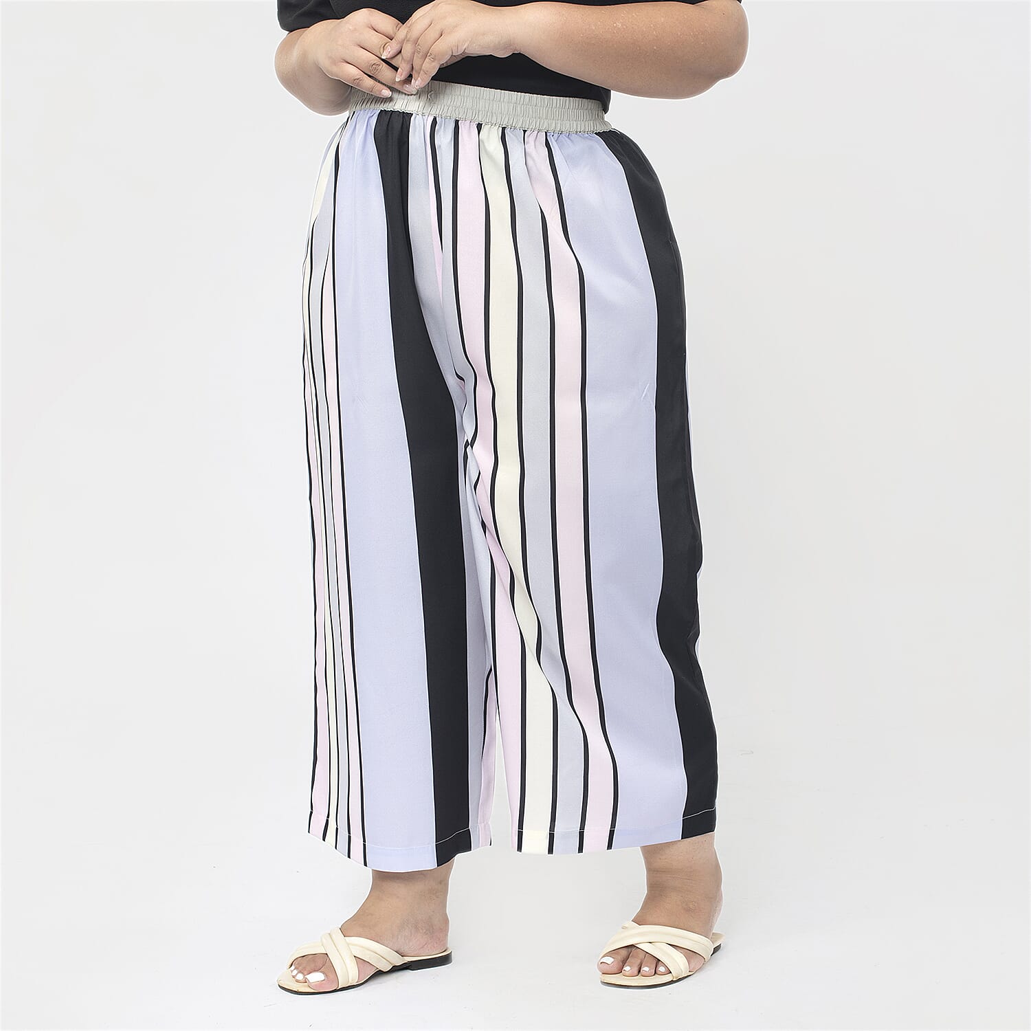 TAMSY Stripe Pattern Wide Leg Trousers (Size S, 8 to 10) - Pink & White