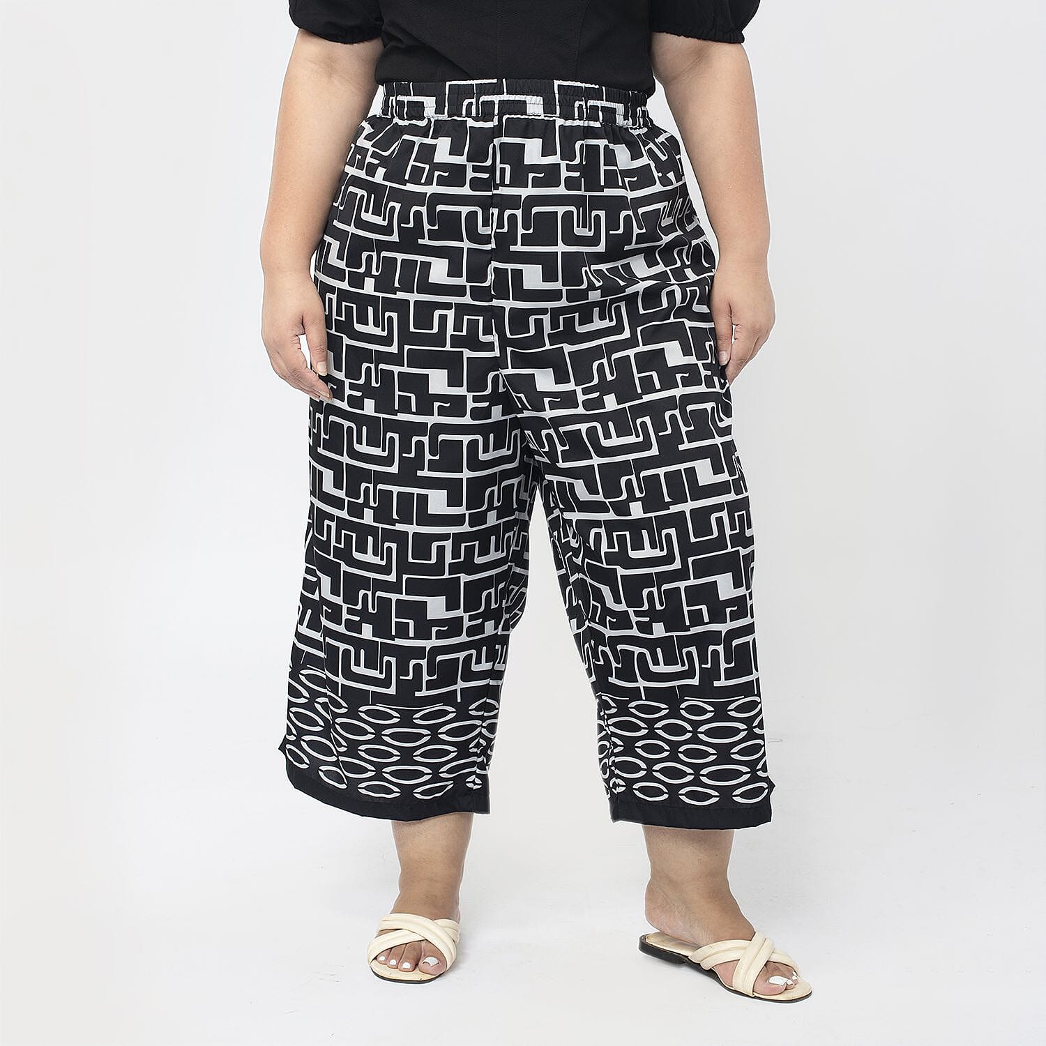 Tamsy 100% Polyester Cropped Palazzo (Size S, Inside Leg Lenth 53 cm) - Pink & White