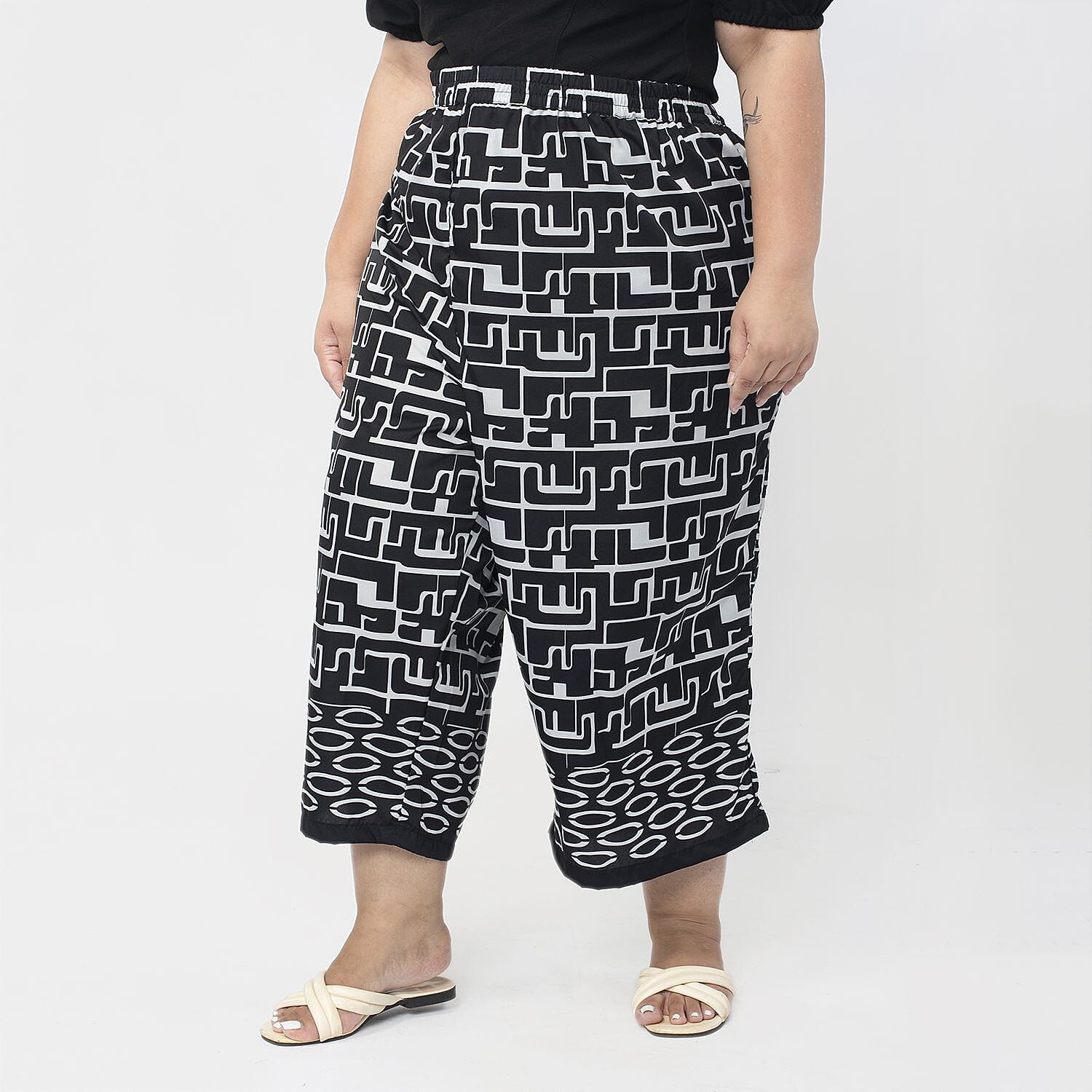 Tamsy 100% Polyester Cropped Palazzo (Size S, Inside Leg Lenth 53 cm) - Pink & White