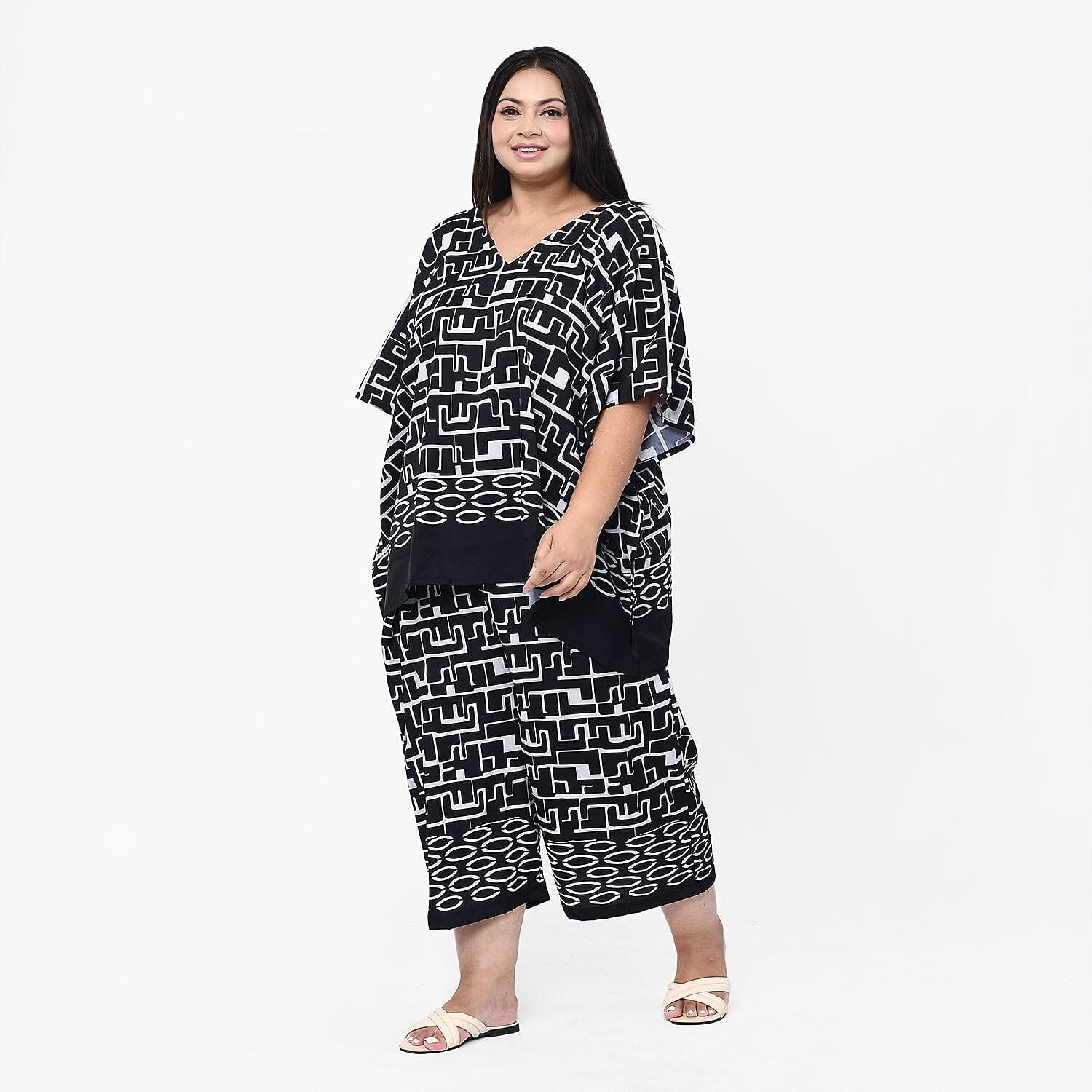 Tamsy 100% Polyester Cropped Palazzo (Size S, Inside Leg Lenth 53 cm) - Pink & White