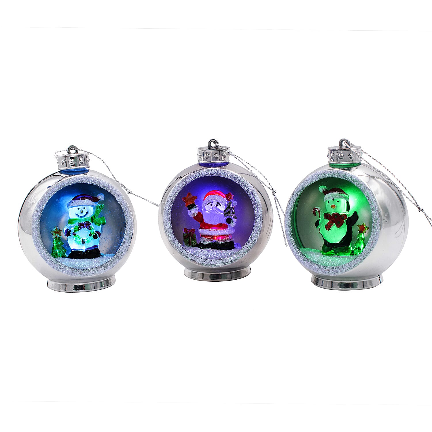 Set of 3 Hanging Light Up Baubles with Christmas Scene - Silver - Batteries Included