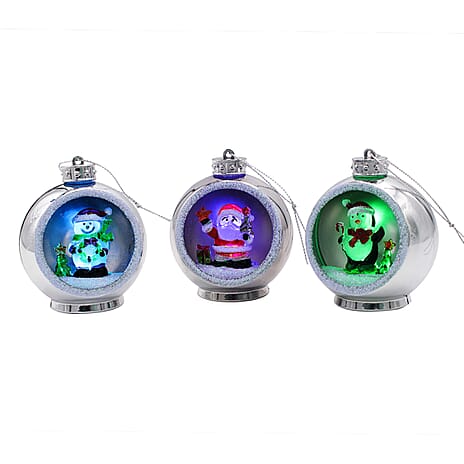 Set of 3 Hanging Light Up Baubles with Christmas Scene - Silver