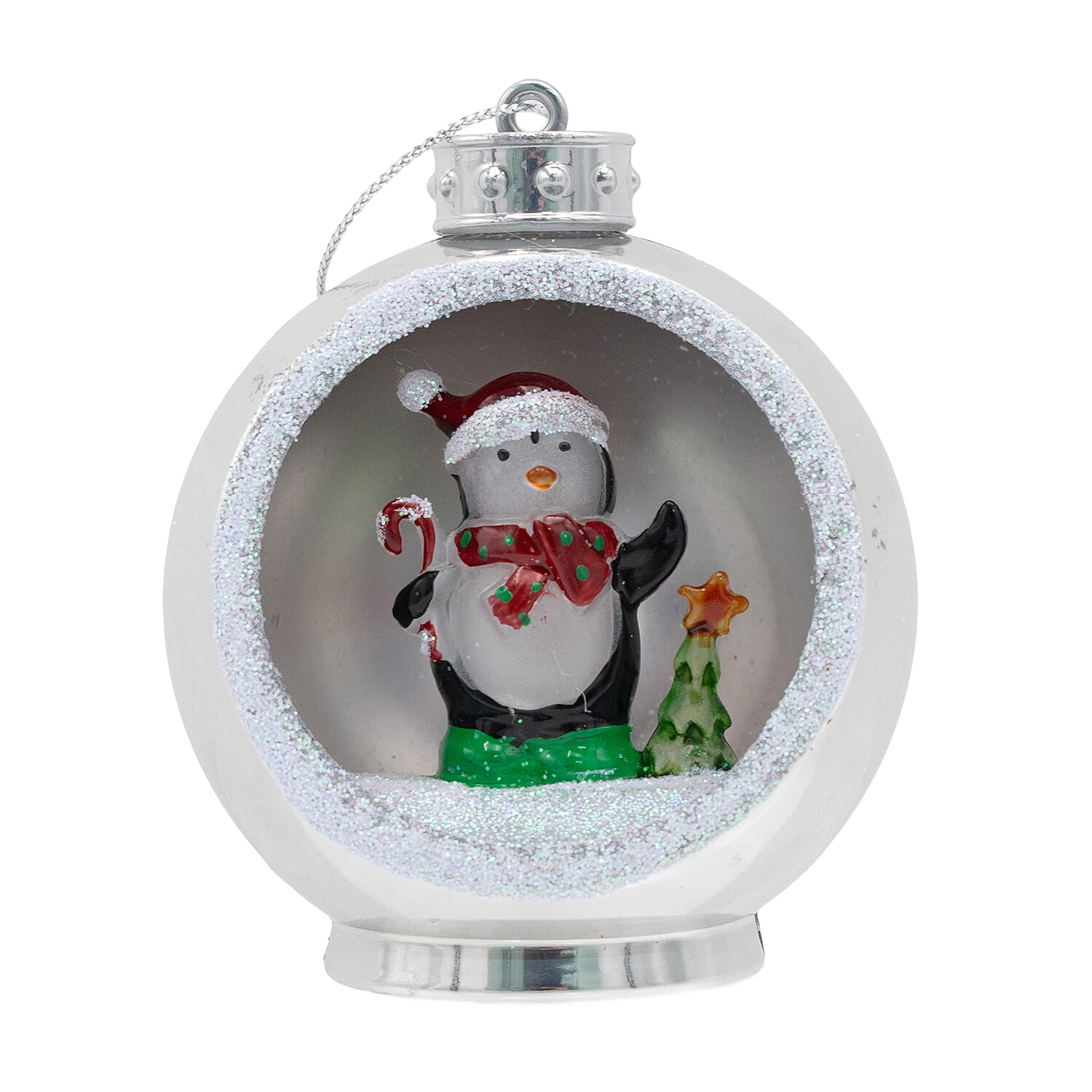 Set of 3 Hanging Light Up Baubles with Christmas Scene - Silver - Batteries Included