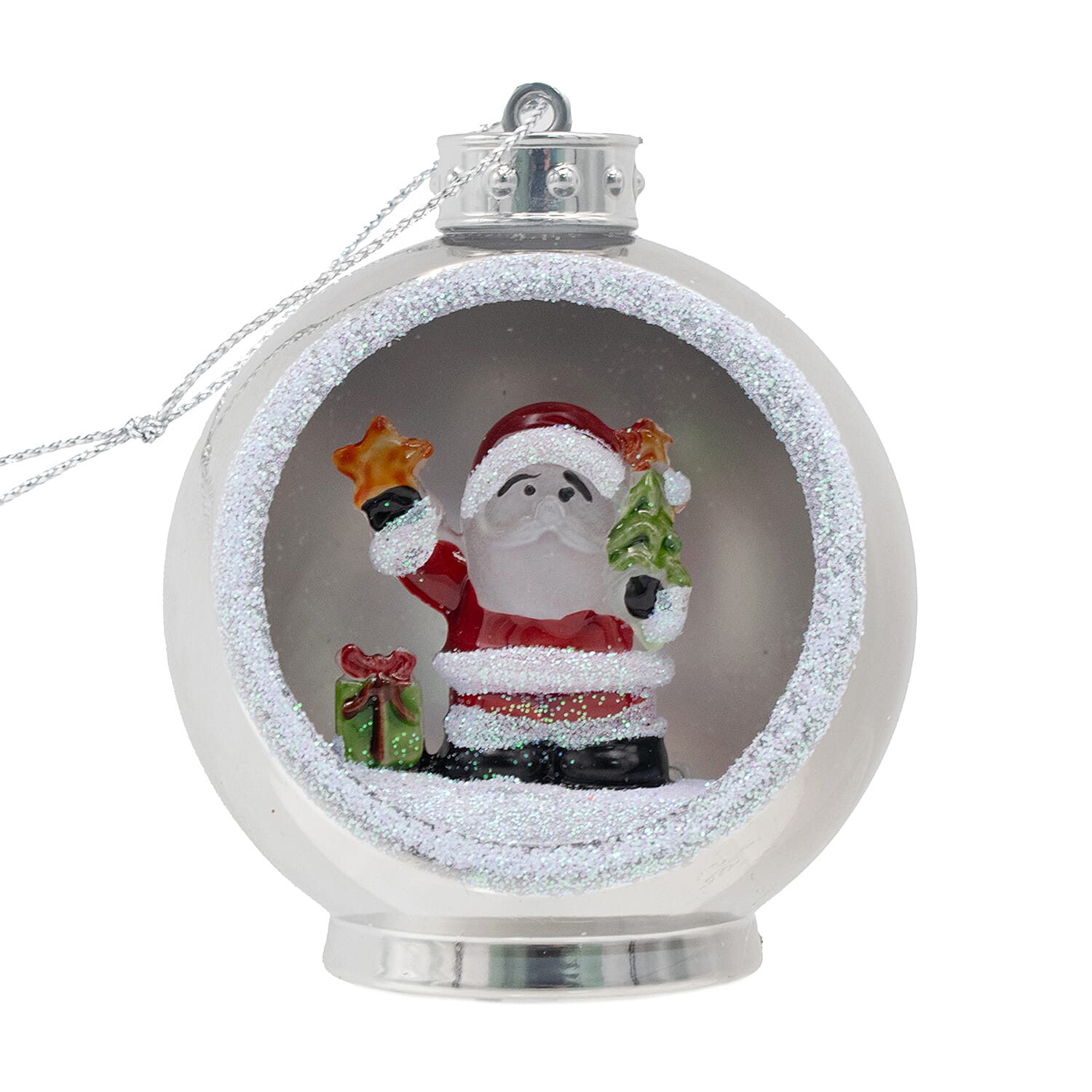 Set of 3 Hanging Light Up Baubles with Christmas Scene - Silver - Batteries Included