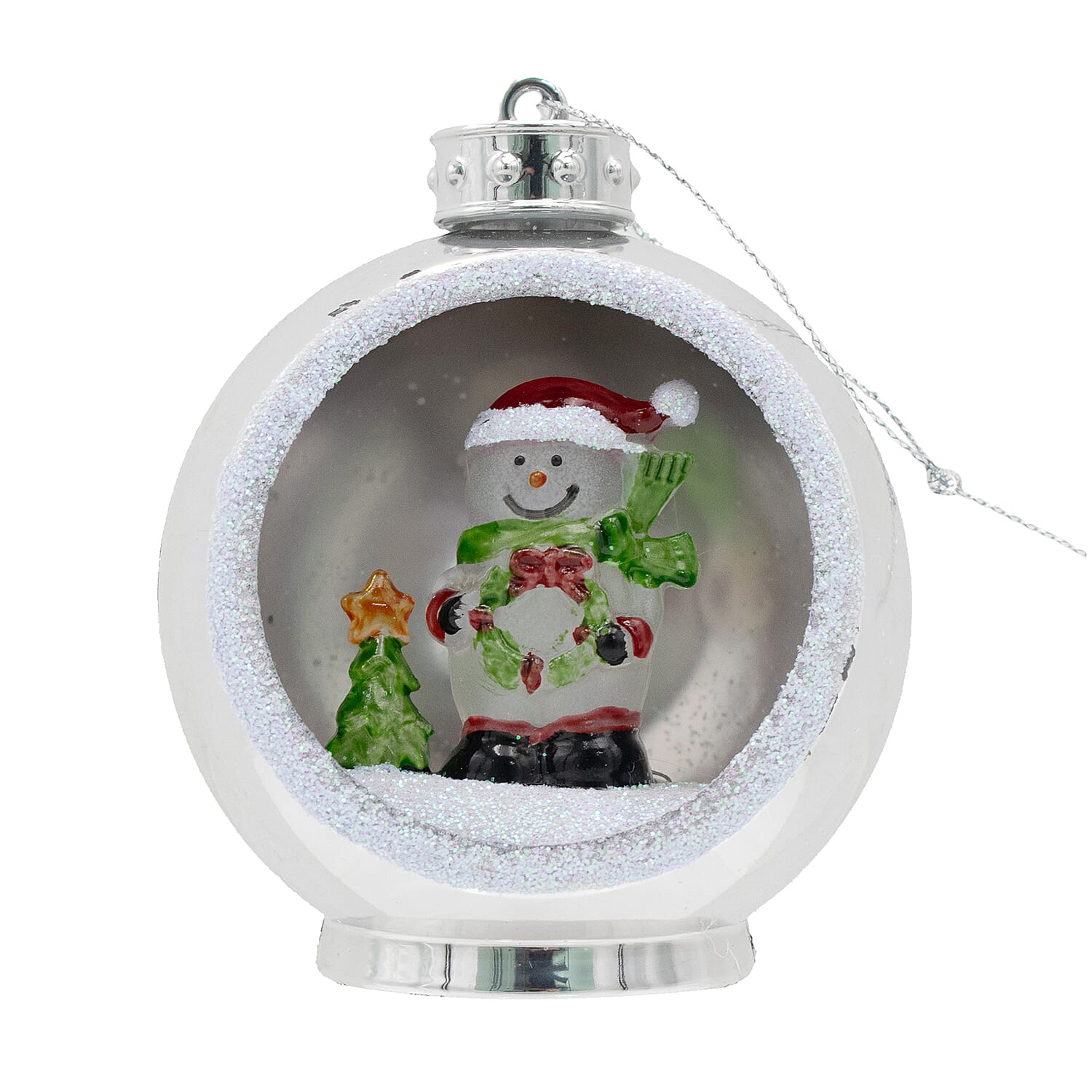 Set of 3 Hanging Light Up Baubles with Christmas Scene - Silver - Batteries Included