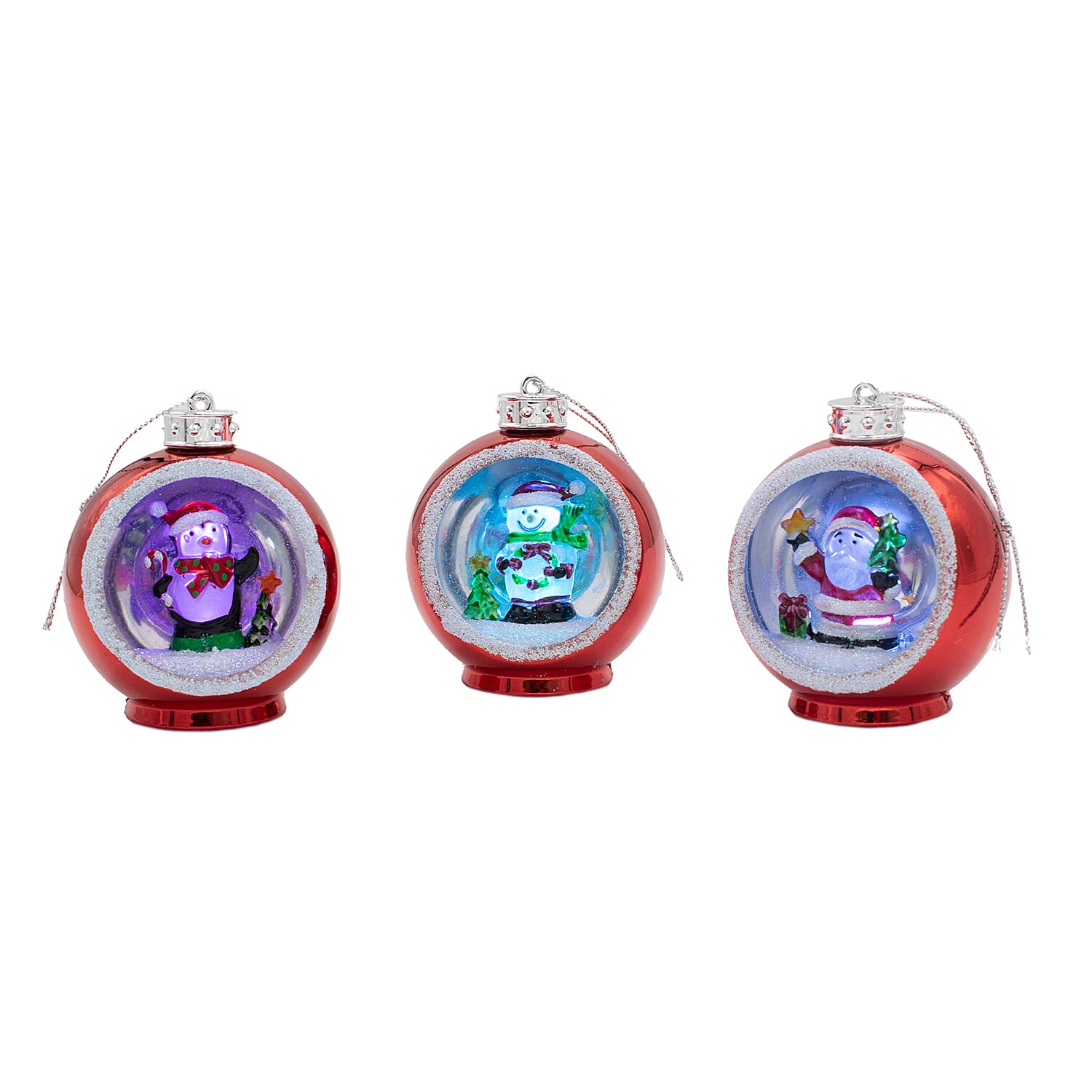 Set of 3 Hanging Light Up Baubles with Christmas Scene - Red - Batteries Included