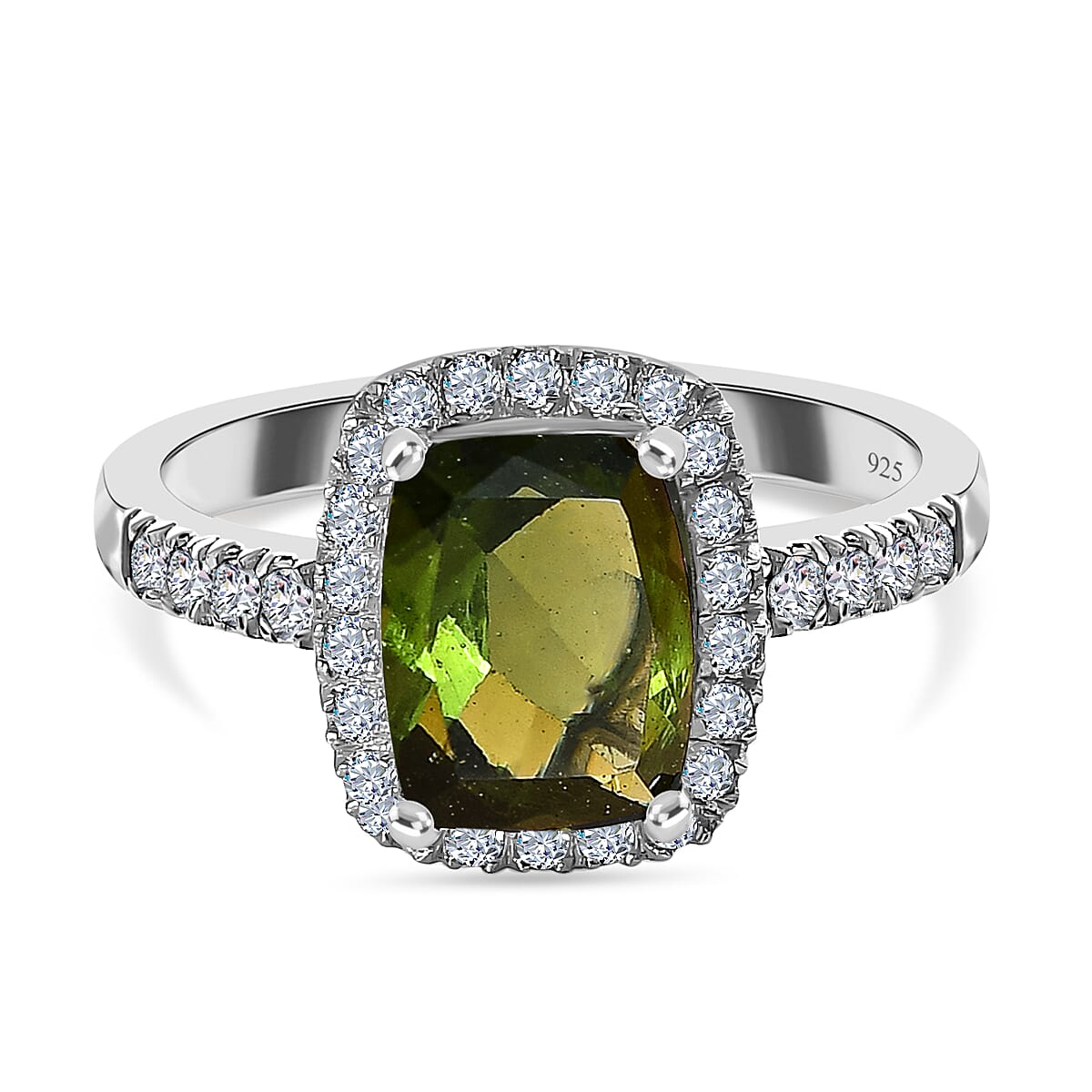 Moldavite & Natural Zircon Ring in Platinum Overlay Sterling Silver 2.29 Ct.