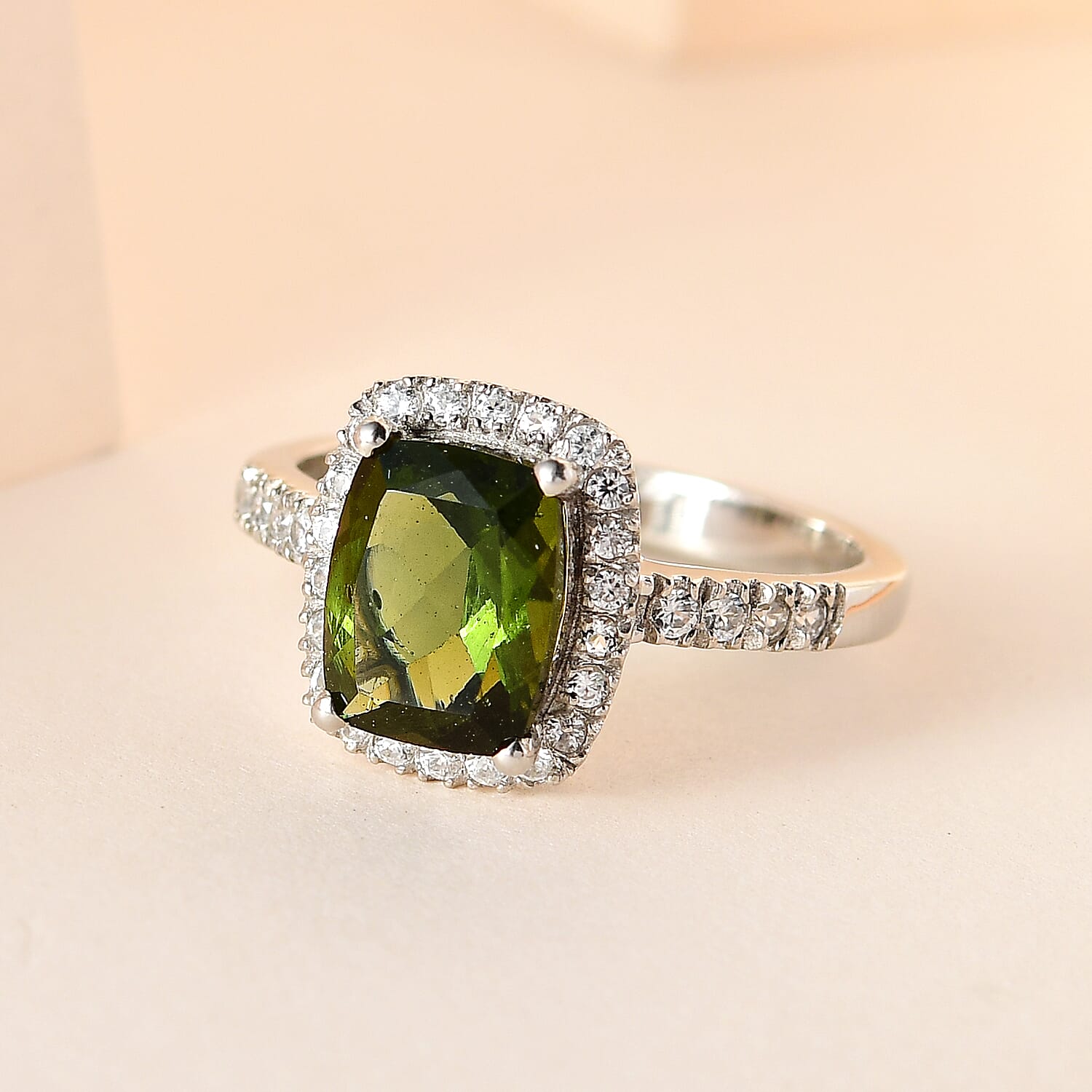 Moldavite & Natural Zircon Ring in Platinum Overlay Sterling Silver 2.29 Ct.