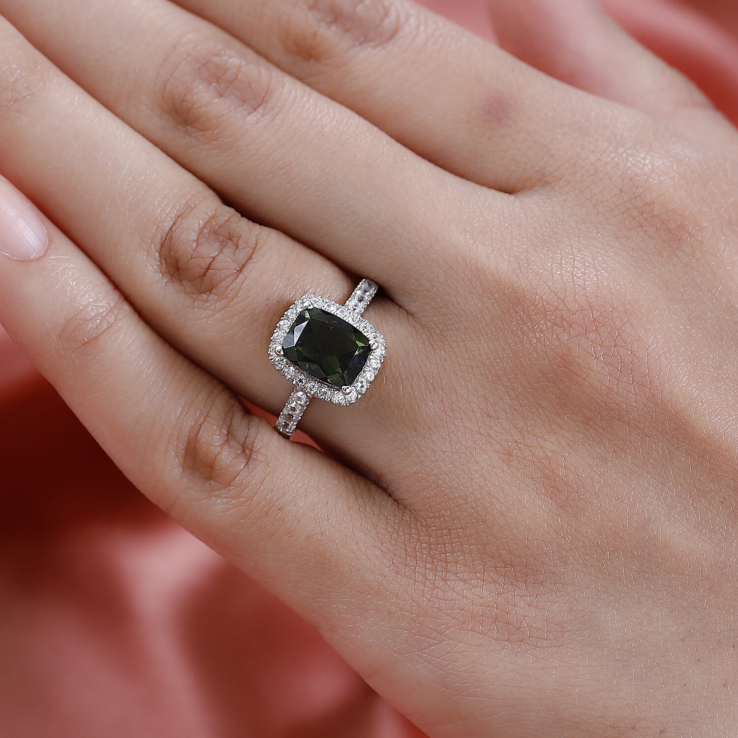 Moldavite & Natural Zircon Ring in Platinum Overlay Sterling Silver 2.29 Ct.