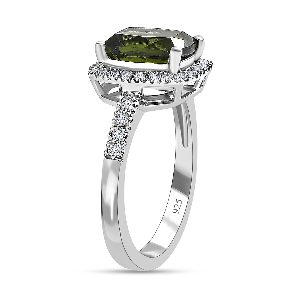 Moldavite & Natural Zircon Ring in Platinum Overlay Sterling Silver 2.29 Ct.