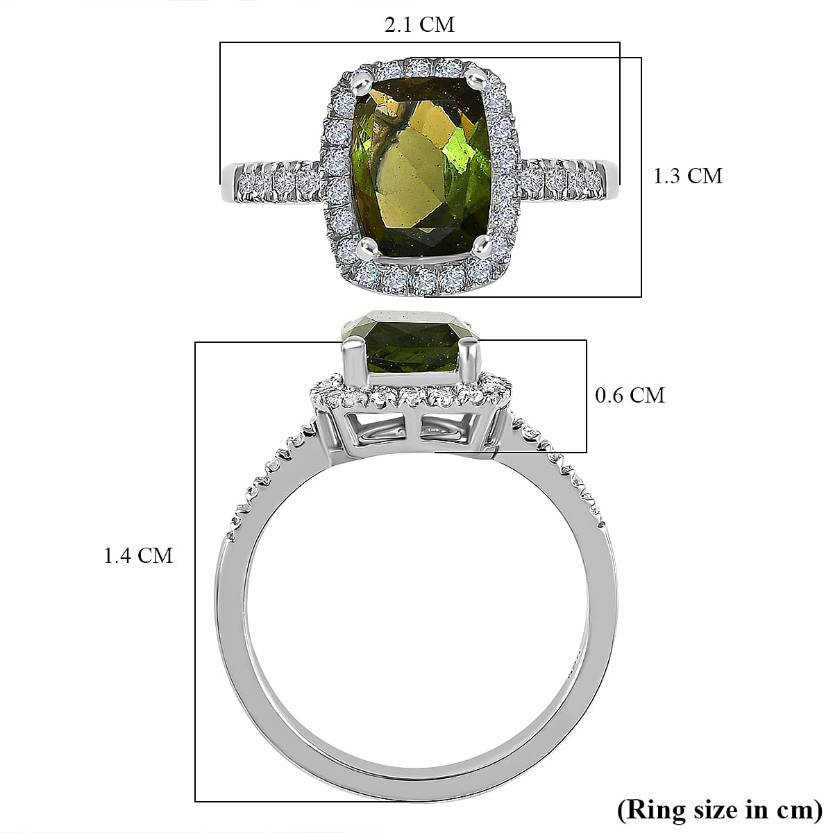 Moldavite & Natural Zircon Ring in Platinum Overlay Sterling Silver 2.29 Ct.