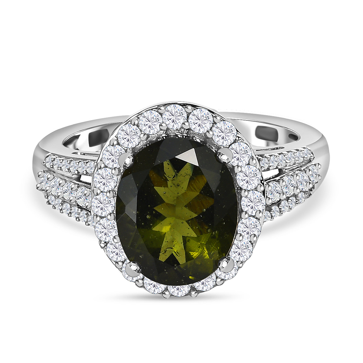 Moldavite and Natural Zircon Ring in Platinum Overlay Sterling Silver 3.94  Ct.
