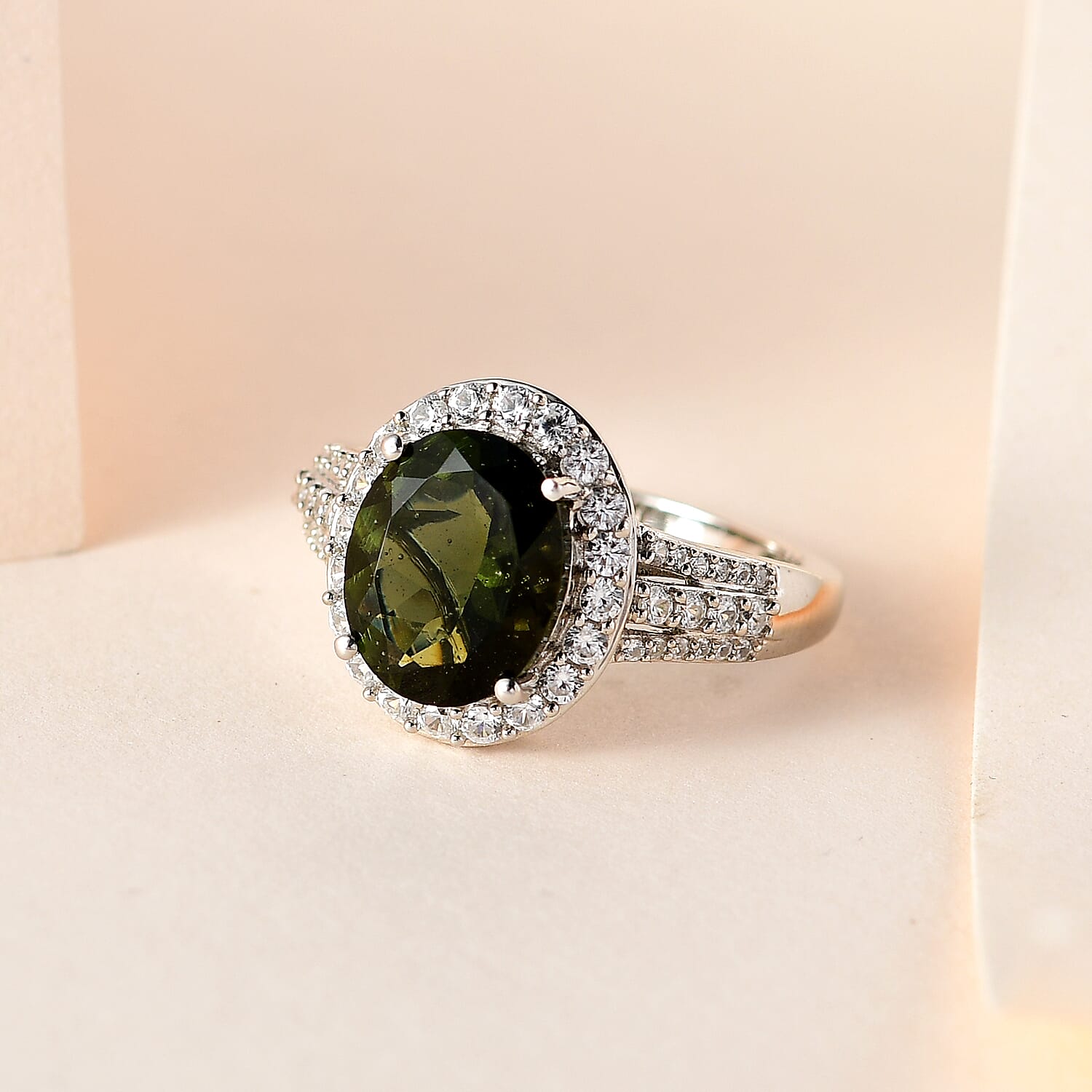 Moldavite & Natural Zircon Ring in Platinum Overlay Sterling Silver 3.94 Ct.