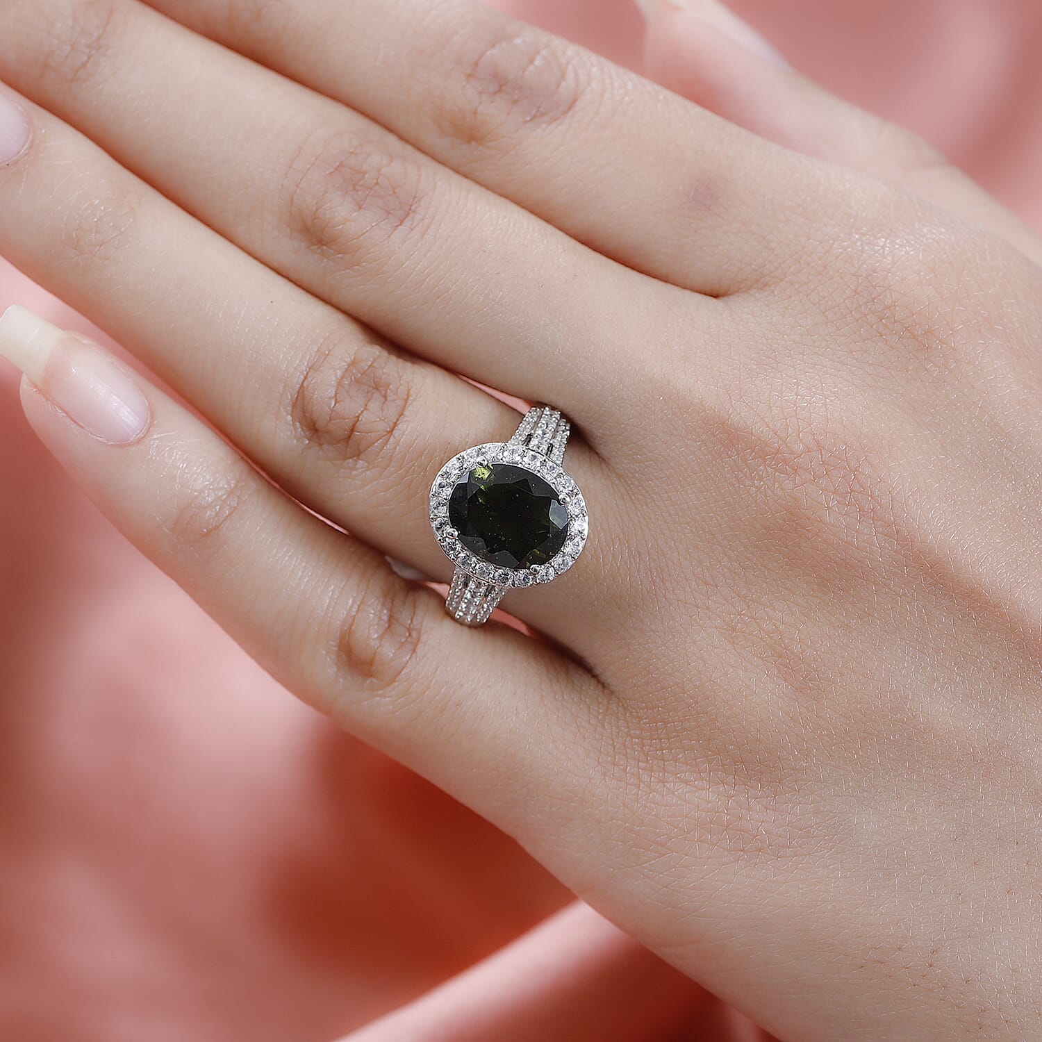 Moldavite & Natural Zircon Ring in Platinum Overlay Sterling Silver 3.94 Ct.