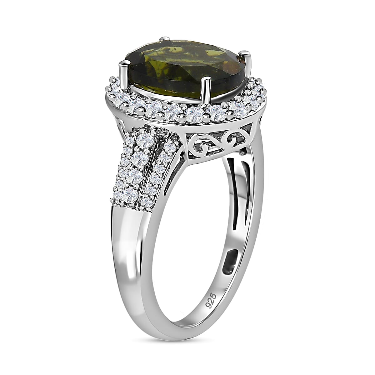 Stunning MOLDAVITE & Zircon Ring in Platinum over newest .925!