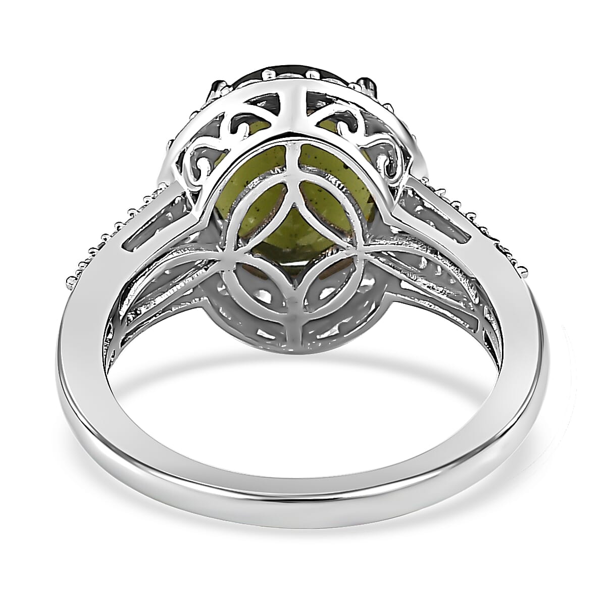 Moldavite & Natural Zircon Ring in Platinum Overlay Sterling Silver 3.94 Ct.