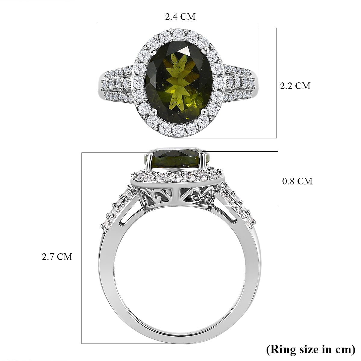 Moldavite & Natural Zircon Ring in Platinum Overlay Sterling Silver 3.94 Ct.