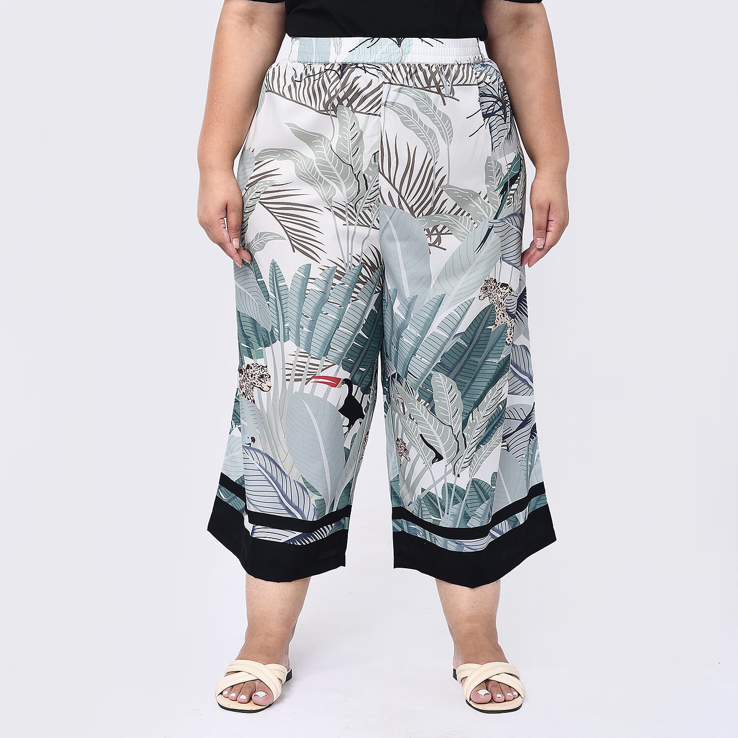 Tamsy 100% Polyester Cropped Palazzo (Size S, Inside Leg Lenth 53 cm) - Pink & White