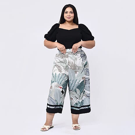 Tamsy Printed Cropped Palazzo (Size M, Inside Leg Lenth 53 cm) -Leaves