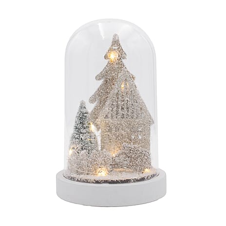 Snowy House and Tree Scene Light Up Dome - White