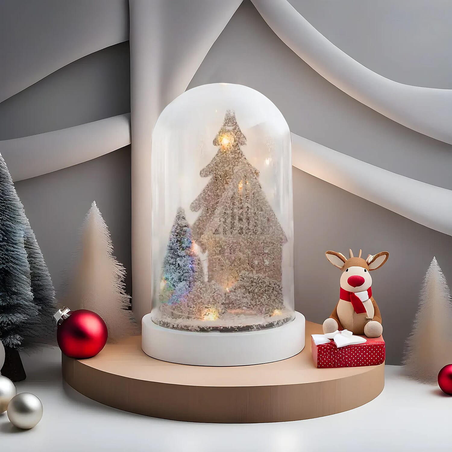 Snowy House and Tree Scene Light Up Dome - White