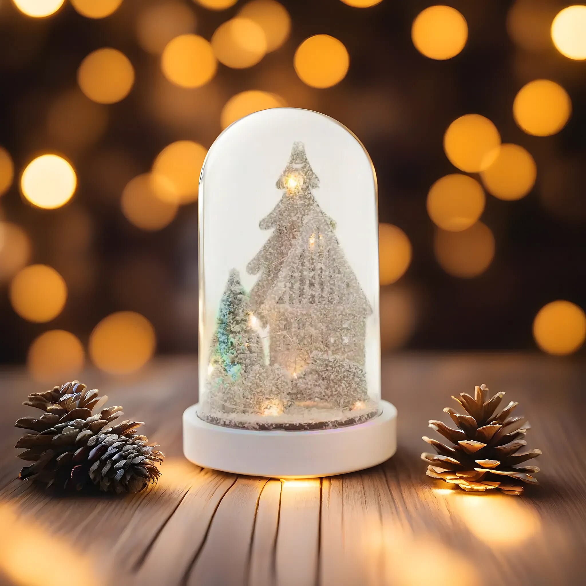 Snowy House and Tree Scene Light Up Dome - White