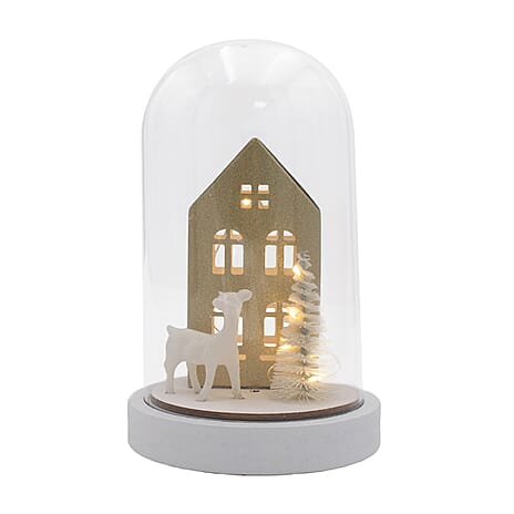 House and Deer Scene Light Up Dome - Gold & White