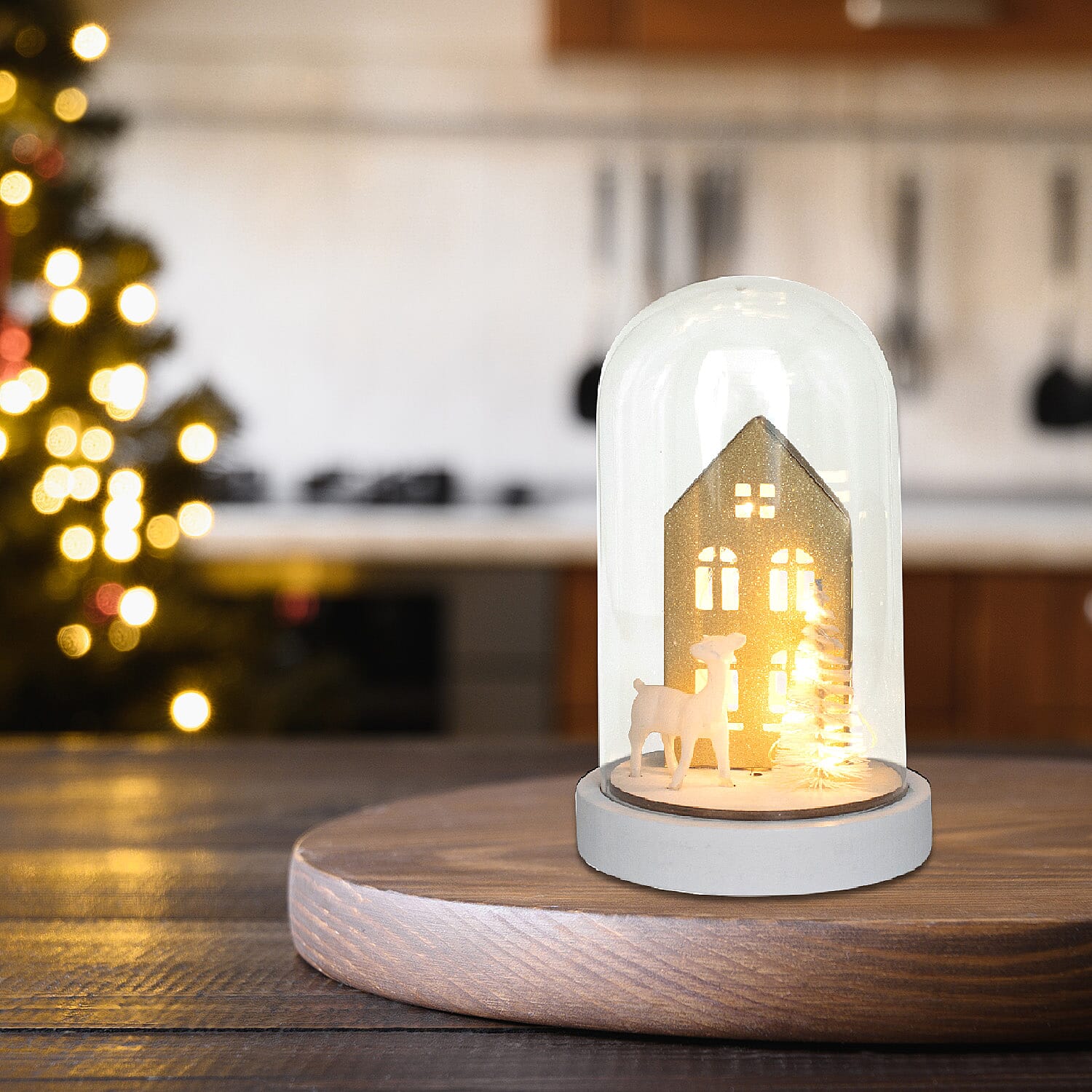 House and Deer Scene Light Up Dome - Gold & White