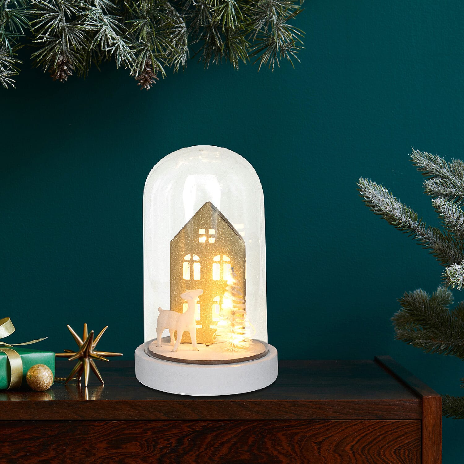 House and Deer Scene Light Up Dome - Gold & White