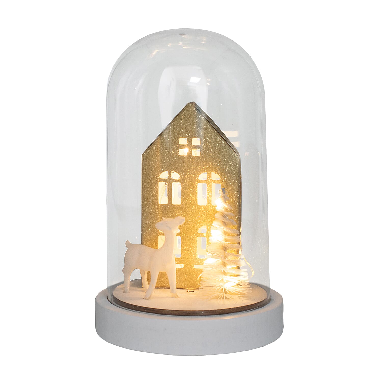 House and Deer Scene Light Up Dome - Gold & White