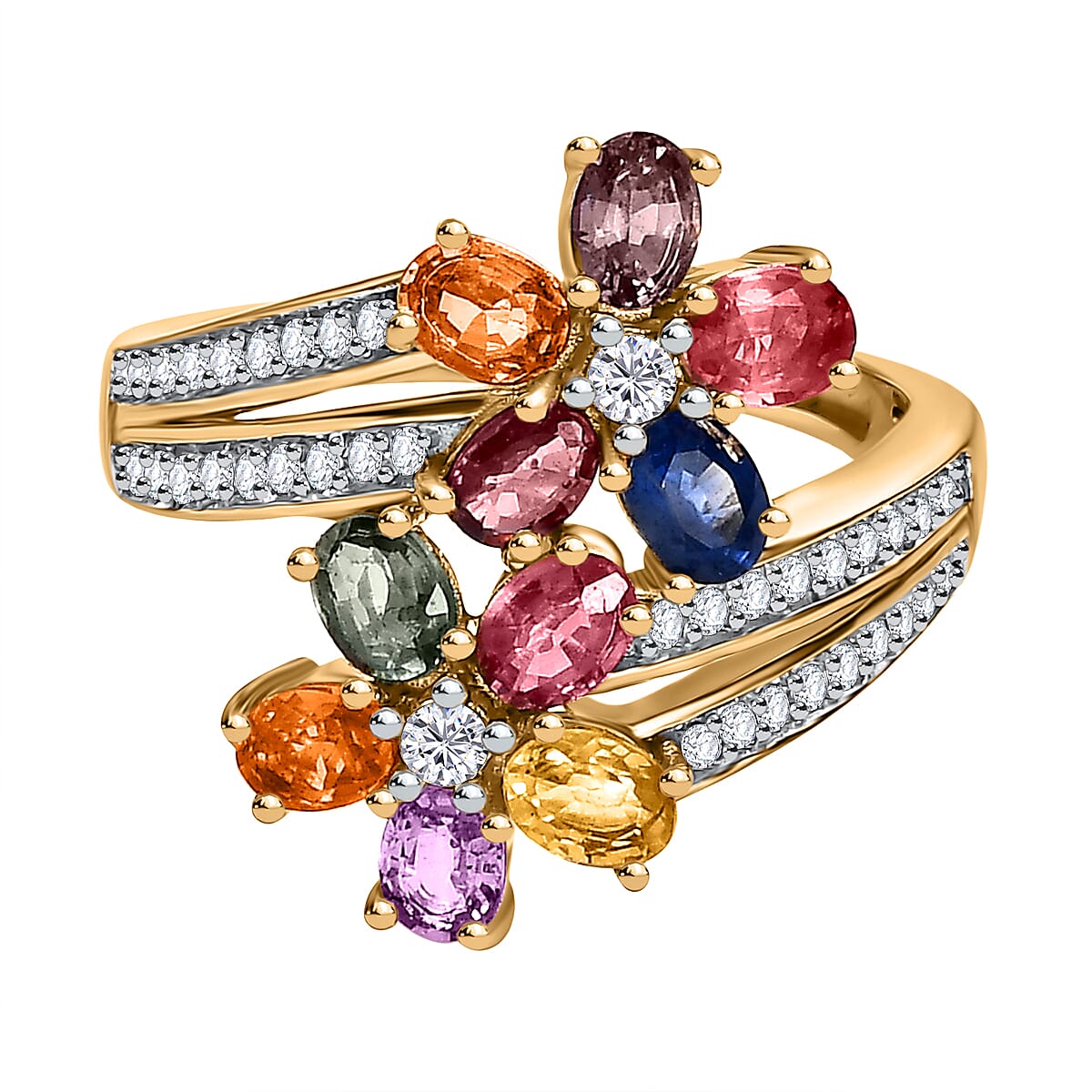 Rainbow Sapphire and Natural Zircon Cluster Bypass Ring in 18K Vermeil Yellow Gold Plated Sterling Silver 2.62 Ct.