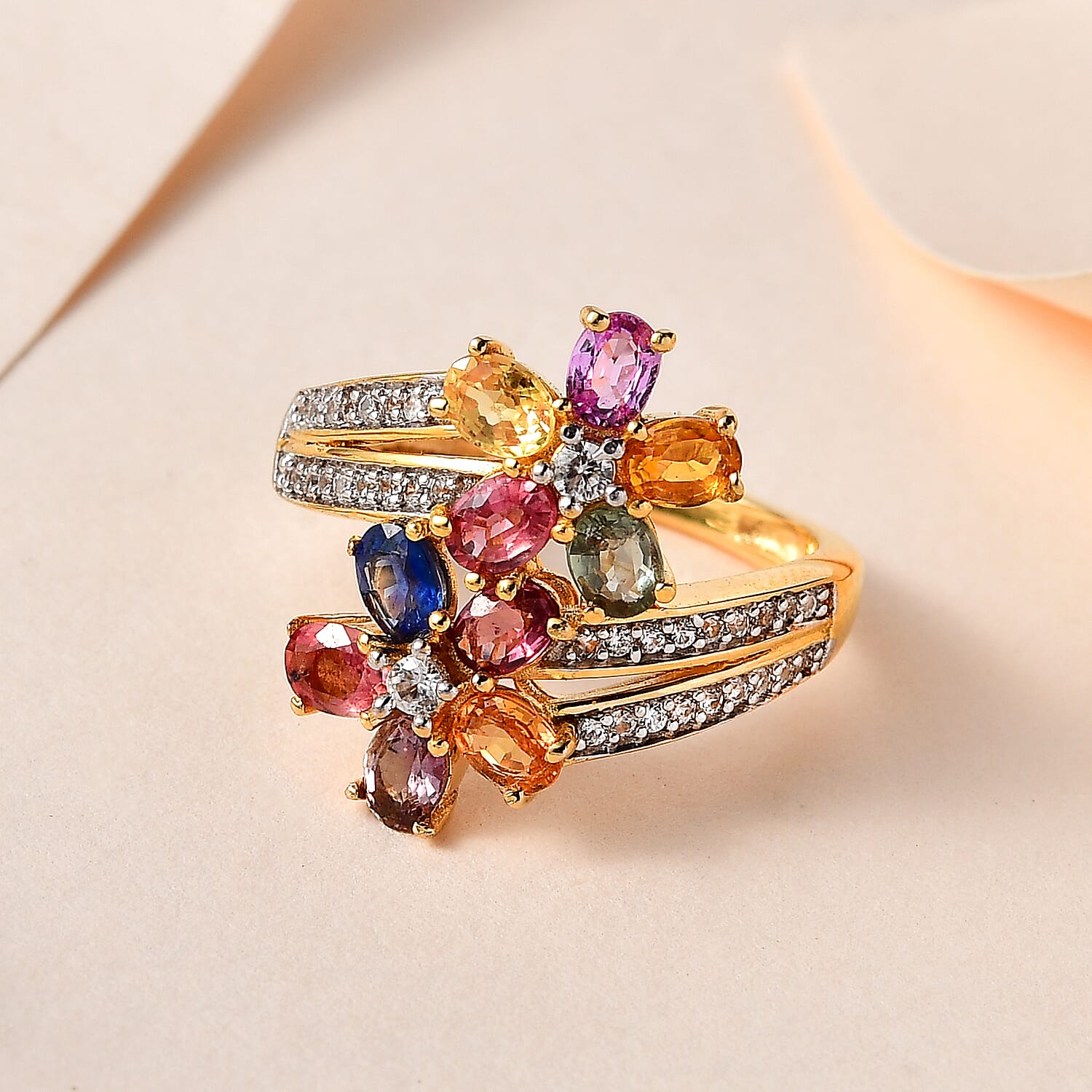 Rainbow Sapphire and Natural Zircon Cluster Bypass Ring in 18K Vermeil Yellow Gold Plated Sterling Silver 2.62 Ct.