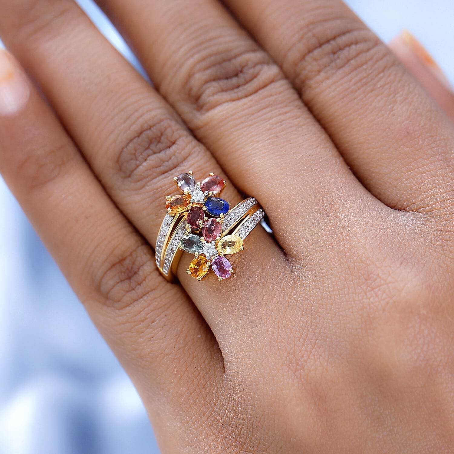 Rainbow Sapphire and Natural Zircon Cluster Bypass Ring in 18K Vermeil Yellow Gold Plated Sterling Silver 2.62 Ct.