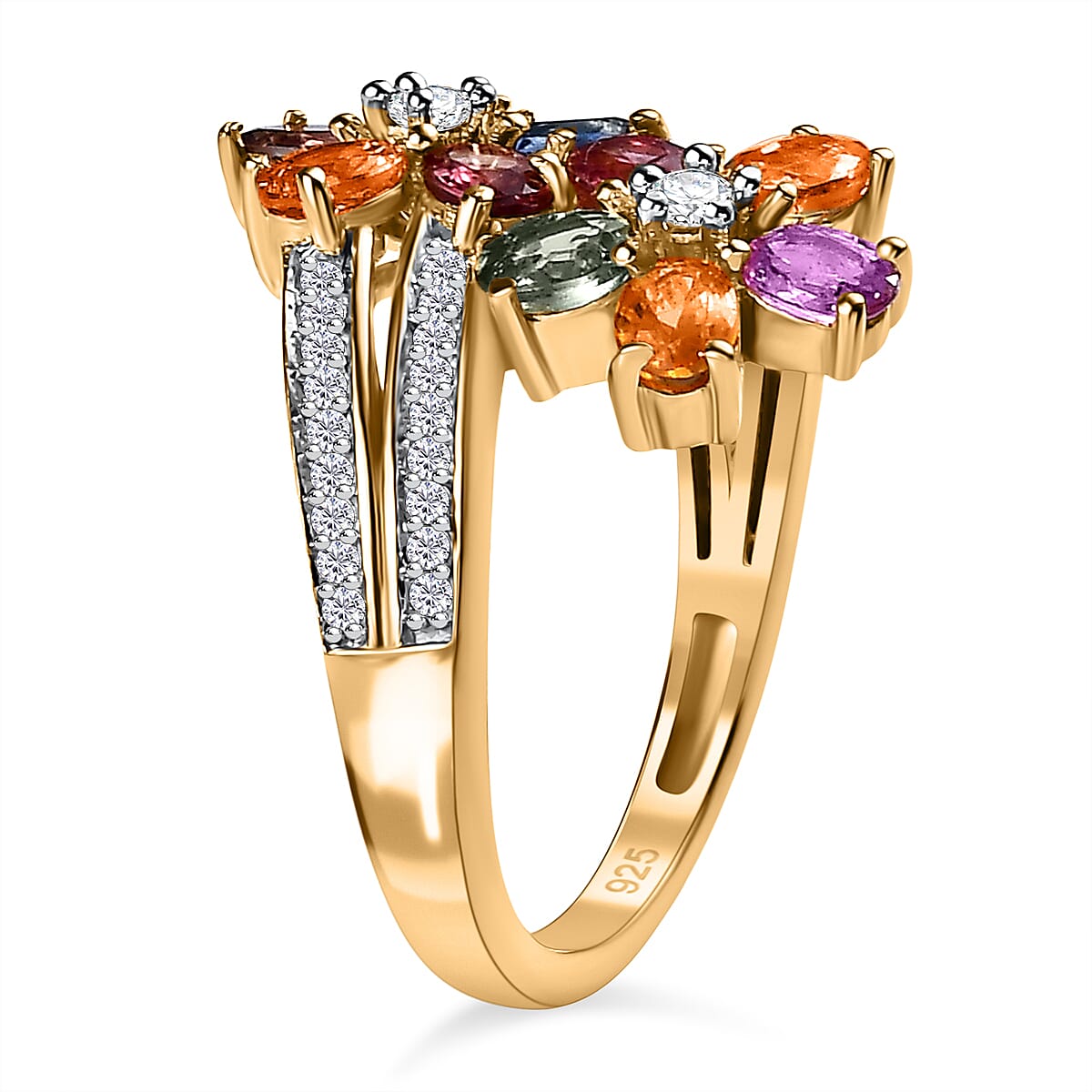 Rainbow Sapphire and Natural Zircon Cluster Bypass Ring in 18K Vermeil Yellow Gold Plated Sterling Silver 2.62 Ct.