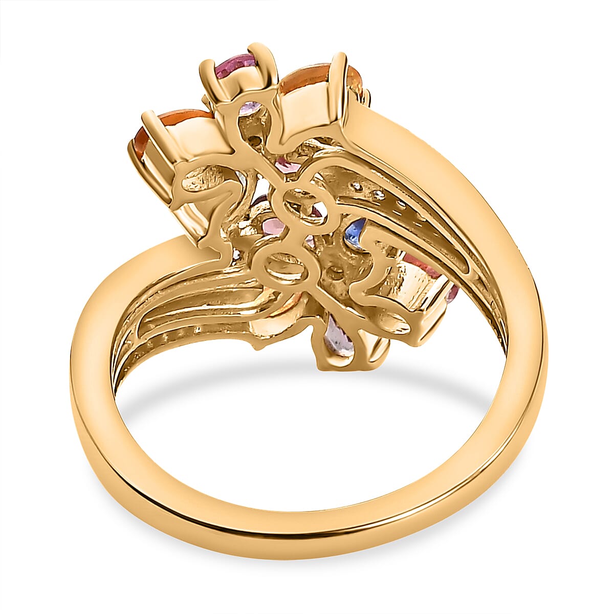 Rainbow Sapphire and Natural Zircon Cluster Bypass Ring in 18K Vermeil Yellow Gold Plated Sterling Silver 2.62 Ct.