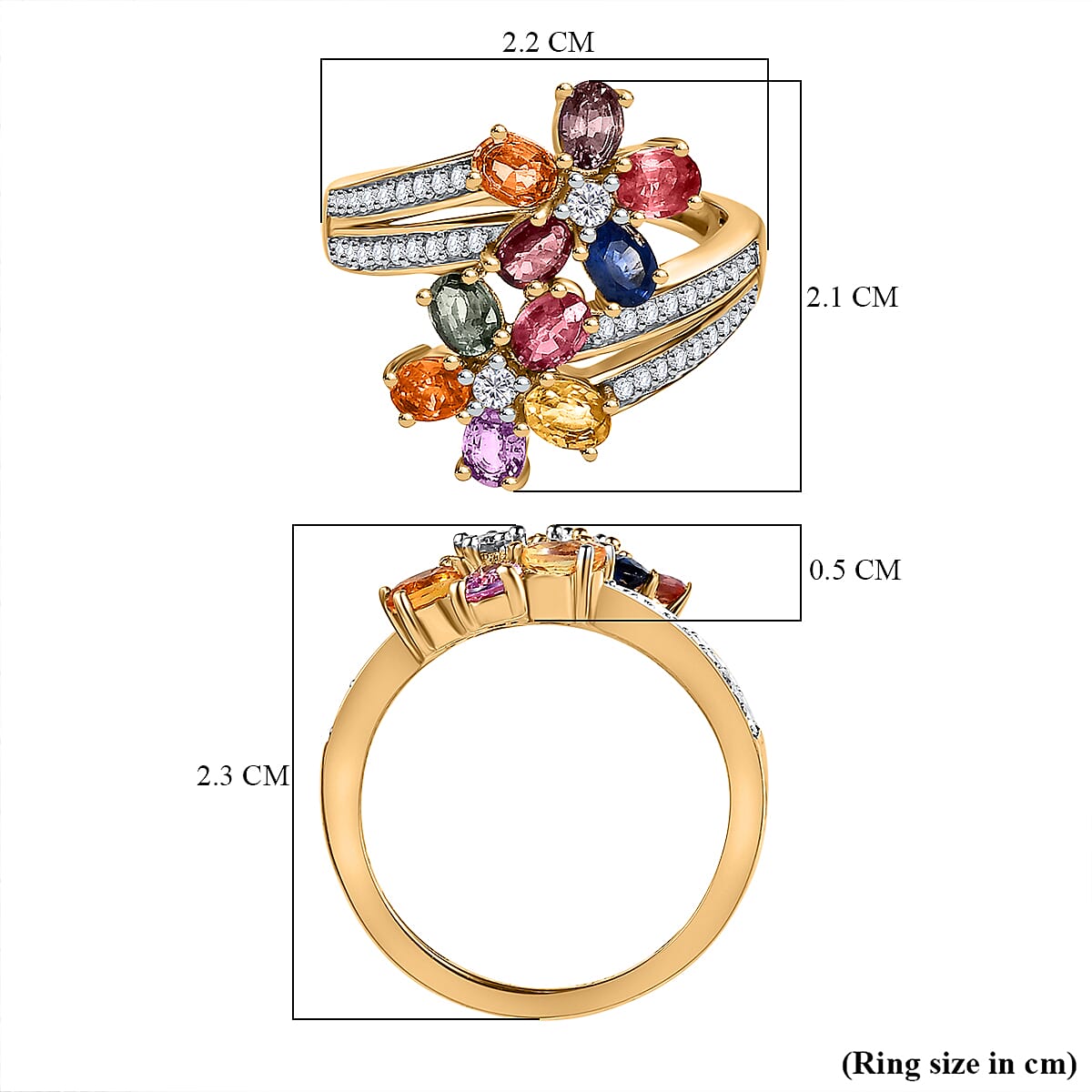 Rainbow Sapphire and Natural Zircon Cluster Bypass Ring in 18K Vermeil Yellow Gold Plated Sterling Silver 2.62 Ct.
