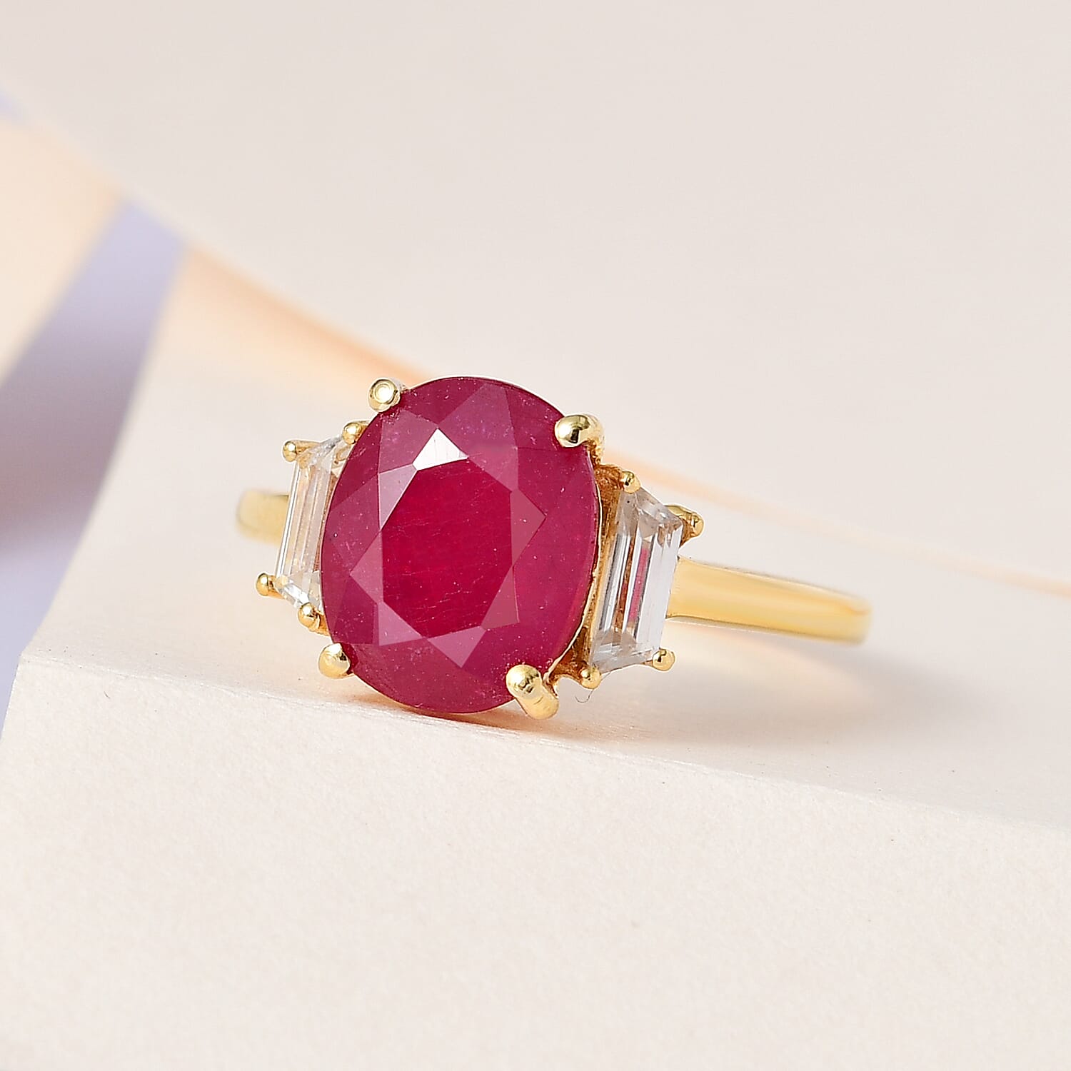 African Ruby & Natural Zircon Ring in 18K Yellow Gold Vermeil Plated Sterling Silver 4.11 Ct.