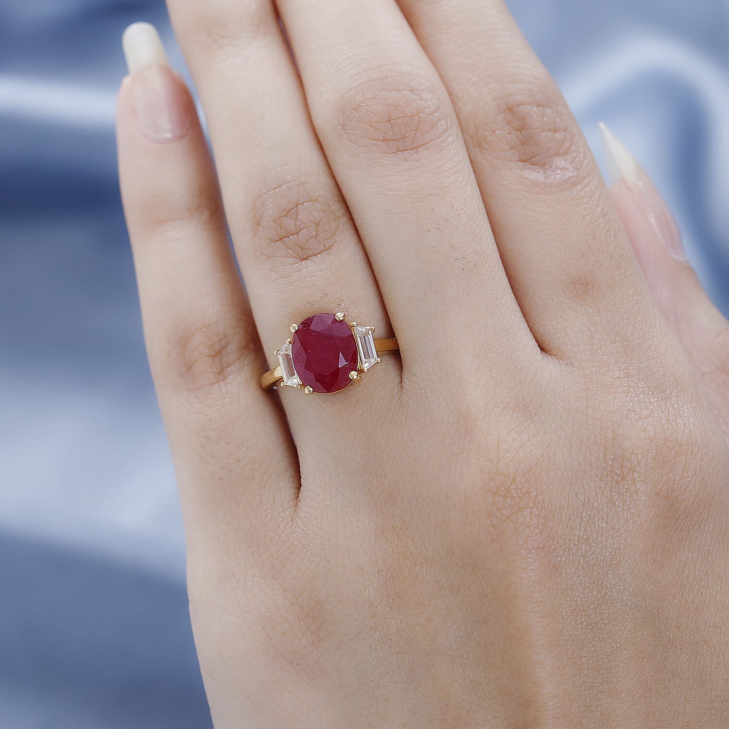 African Ruby & Natural Zircon Ring in 18K Yellow Gold Vermeil Plated Sterling Silver 4.11 Ct.