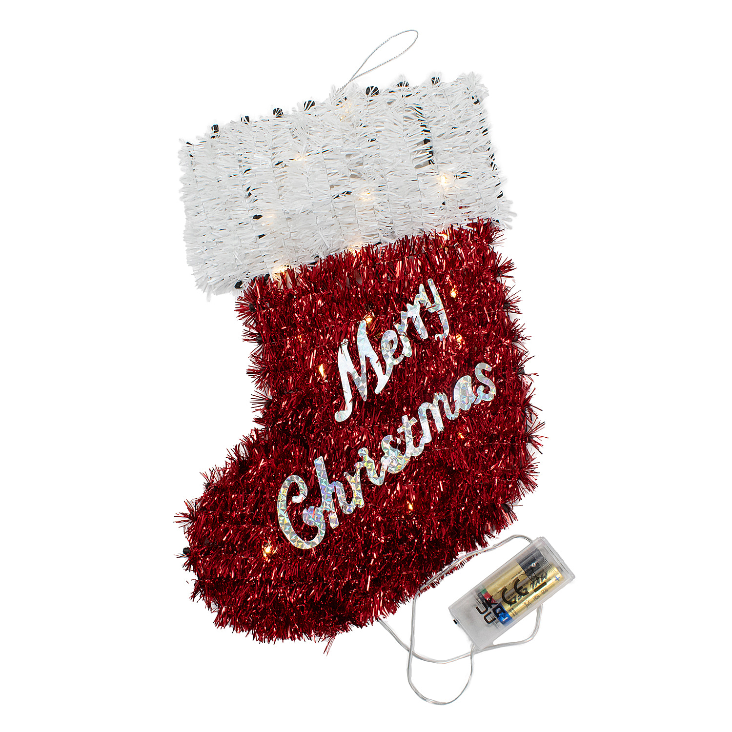 Light Up Tinsel Christmas Stocking (Battery Operated) - Red & White