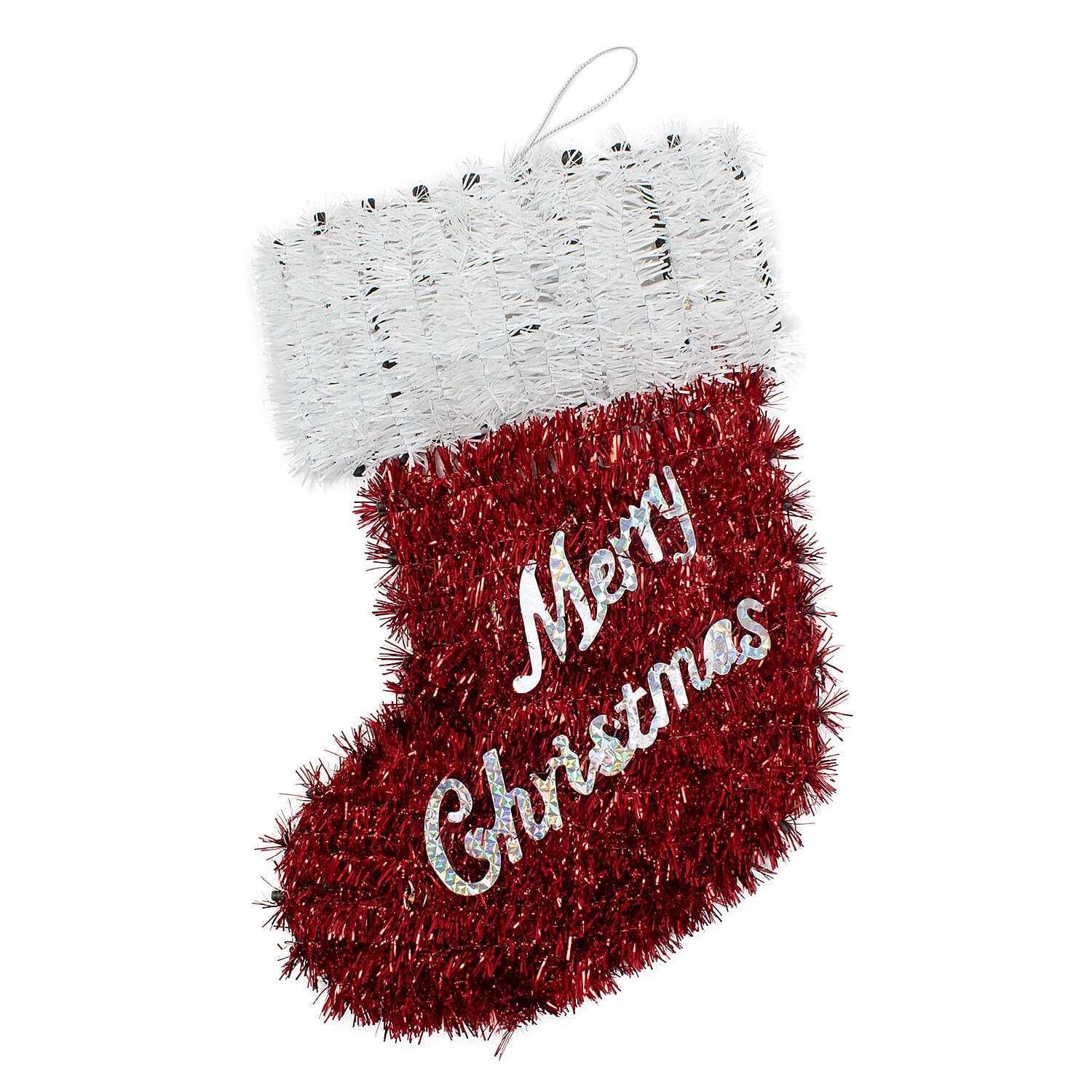 Light Up Tinsel Christmas Stocking (Battery Operated) - Red & White